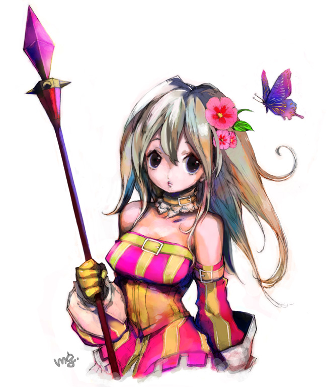 komaki megumi, belt, blonde hair, bug, butterfly, detached sleeves, flower, insect, polearm, purple eyes, solo, weapon