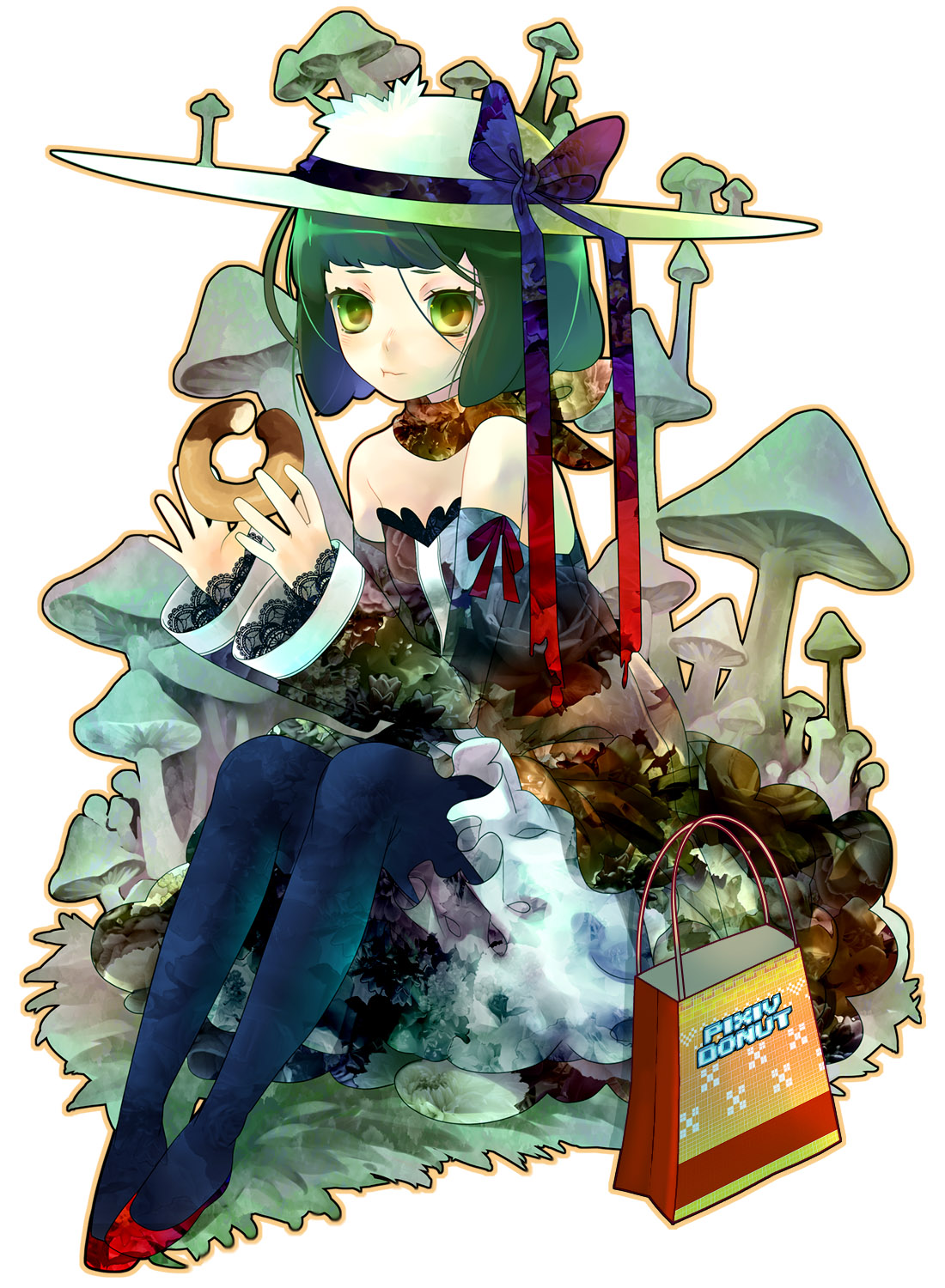 yoko (shiocolor), original, bad id, bad pixiv id, highres, donut, eating, food, green eyes, green hair, hat, mushroom, pantyhose, siomusubi, sitting, solo