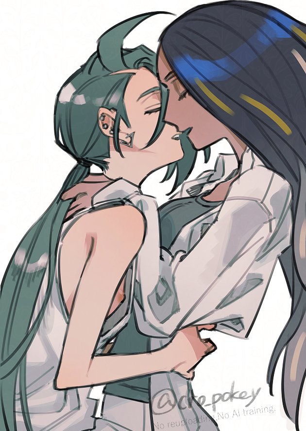 shougo-akira, geeta (pokemon), rika (pokemon), nintendo, pokemon, pokemon sv, commentary request, 2girls, black tank top, closed eyes, dark-skinned female, dark skin, ear piercing, green hair, hand on another's waist, imminent kiss, long hair, multiple girls, parted lips, piercing, shirt, simple background, smile, tank top, twitter username, white background, white shirt, yuri