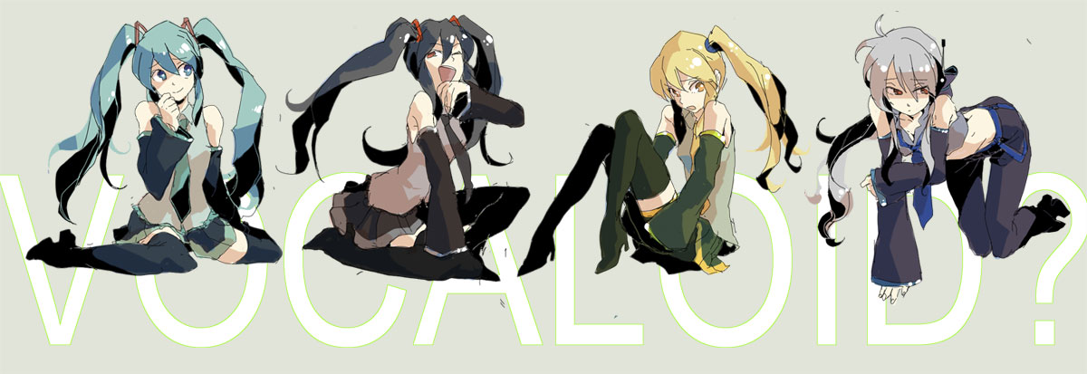 gomosawa, akita neru, hatsune miku, yowane haku, zatsune miku, vocaloid, bad id, bad pixiv id, 4girls, altcolor, alternate color, aqua hair, long hair, multiple girls, thighhighs, twintails, very long hair
