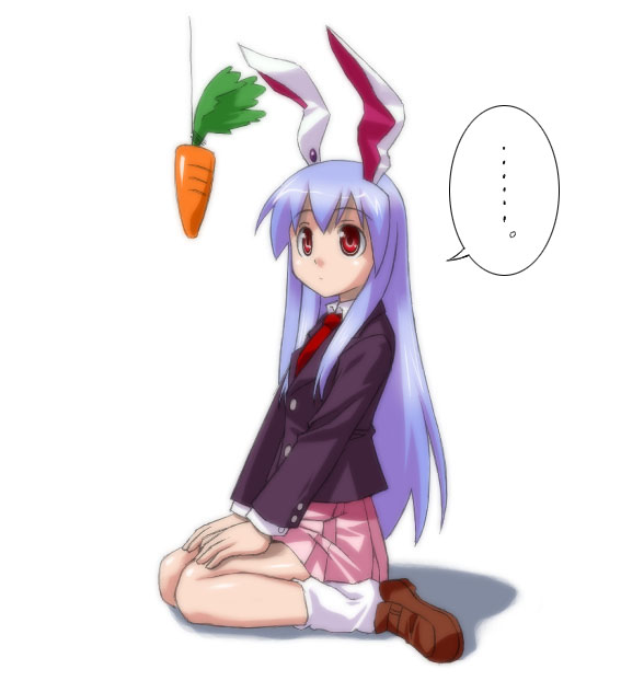 umekichi, reisen udongein inaba, touhou, 1girl, animal ears, blue hair, carrot, female focus, long hair, necktie, rabbit ears, red eyes, red necktie, sitting, skirt, solo, wariza, white background