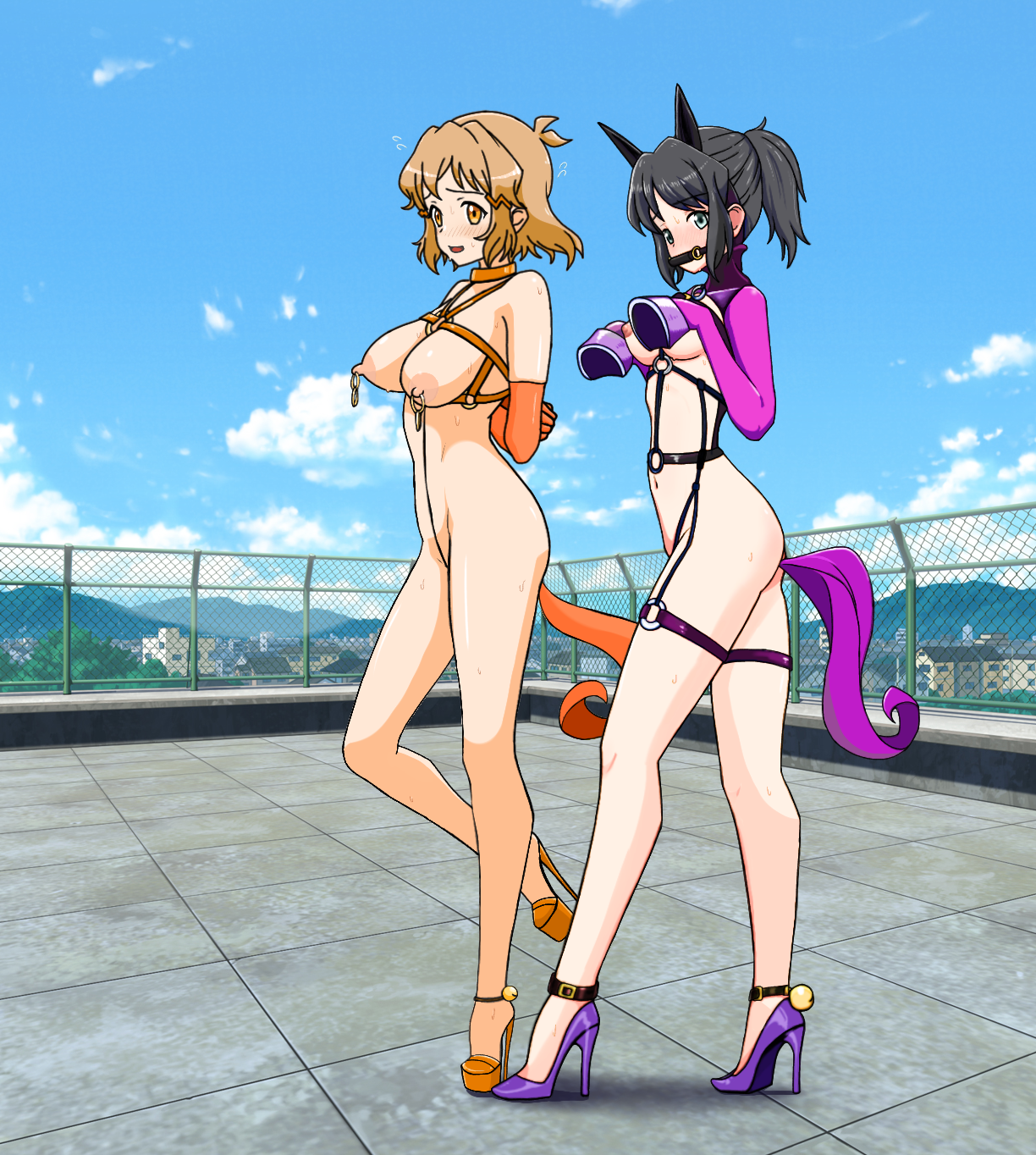 noboyasm2000, kohinata miku, tachibana hibiki (symphogear), senki zesshou symphogear, highres, 2girls, anal beads, anal tail, bdsm, bondage, bound, breasts, butt plug, fake tail, fence, high heels, looking at viewer, multiple girls, nipple piercing, nipples, nude, open mouth, piercing, pony play, restrained, shibari, shy, smile, solo, standing, tail, take your pick, yuri