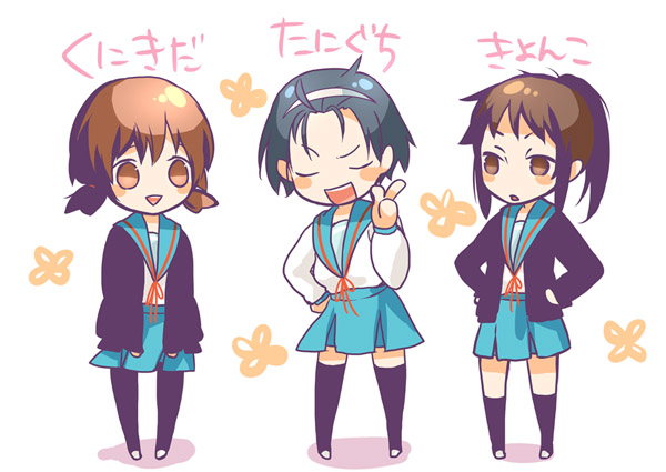 yoko (shiocolor), kunikida (suzumiya haruhi), kyonko, taniguchi (suzumiya haruhi), suzumiya haruhi no yuuutsu, bad id, bad pixiv id, 00s, 3girls, genderswap, genderswap (mtf), kneehighs, multiple girls, pantyhose, ponytail, school uniform, serafuku, siomusubi, socks, thighhighs