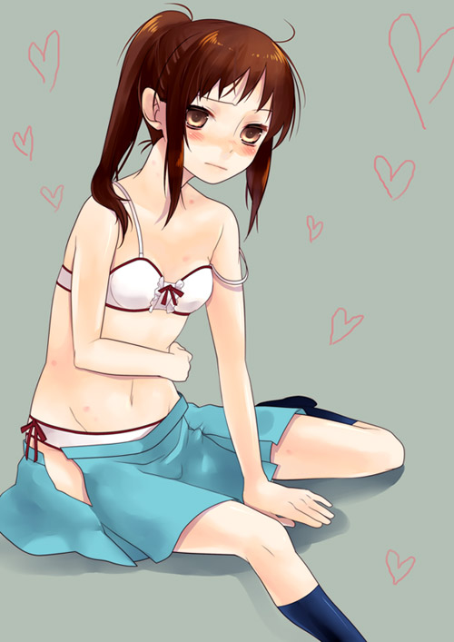 yoko (shiocolor), kyonko, suzumiya haruhi no yuuutsu, bad id, bad pixiv id, 00s, 1girl, blush, bra, brown eyes, brown hair, embarrassed, female focus, genderswap, heart, lingerie, no shirt, panties, ponytail, sidelocks, siomusubi, skirt, socks, solo, strap slip, underwear