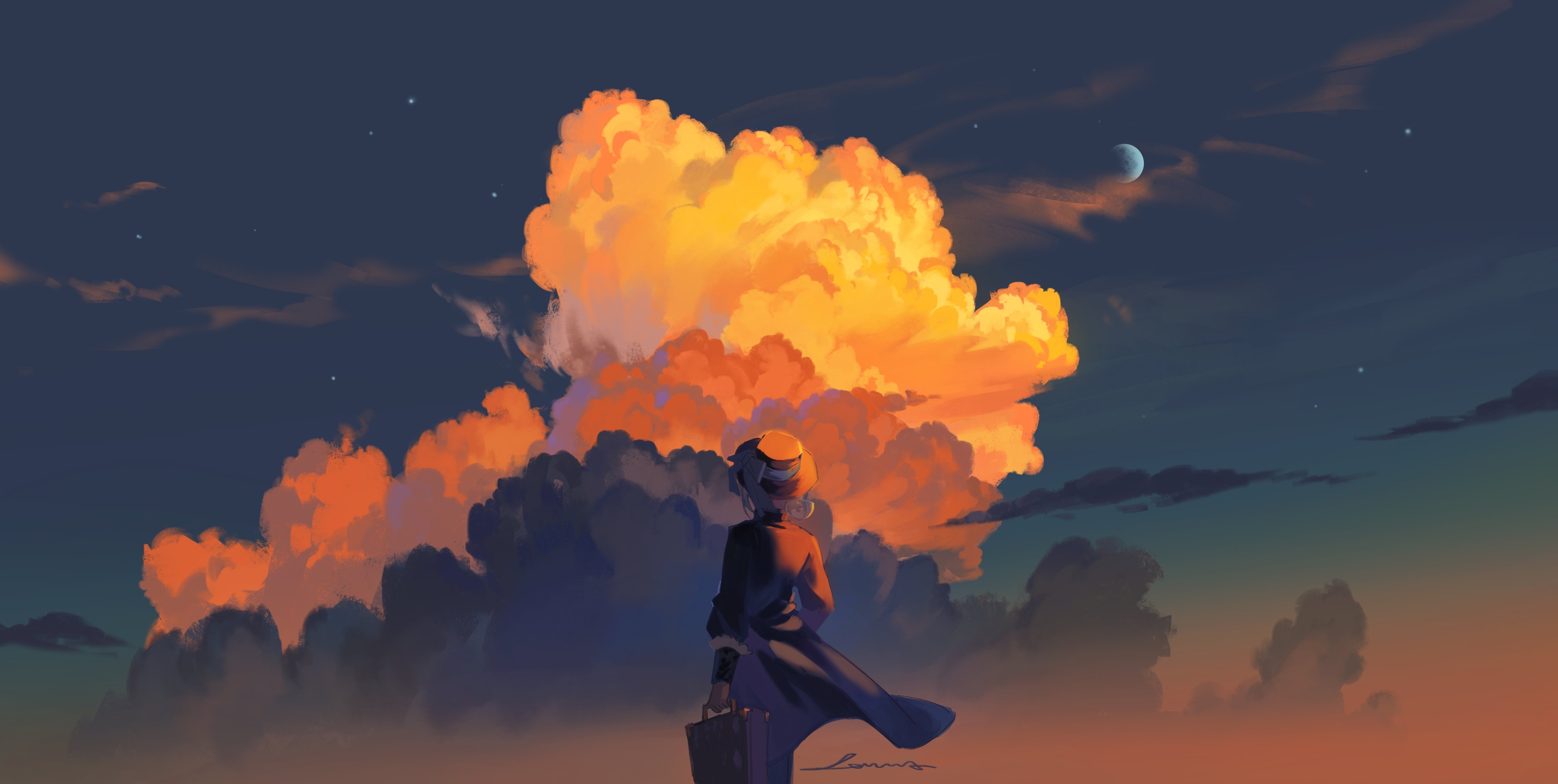 lumos (lumos164), vertin (reverse:1999), reverse:1999, absurdres, highres, 1girl, black coat, black hat, blue bow, blue sky, boater hat, bow, cloud, coat, cowboy shot, crescent moon, cumulonimbus cloud, evening, facing away, from behind, gradient sky, grey hair, hair bun, hat, hat bow, holding, holding suitcase, moon, orange sky, outdoors, short hair, single side bun, sky, solo, star (sky), suitcase, twilight, wide shot