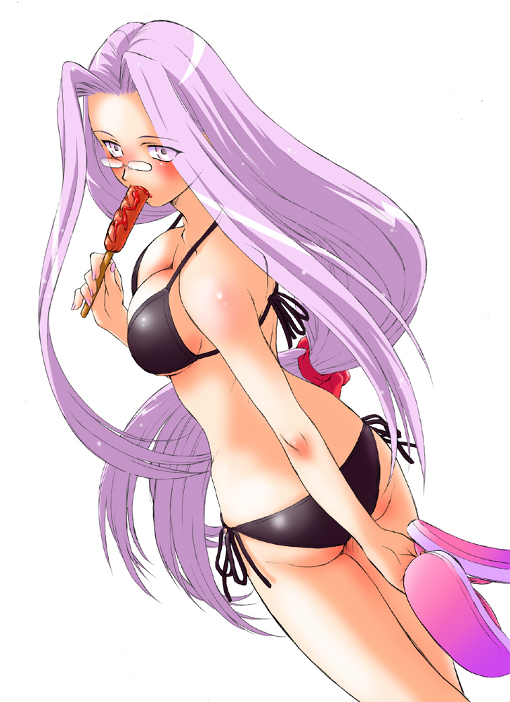 kouda tomohiro, medusa (fate), medusa (rider) (fate), fate/stay night, fate (series), 00s, 1girl, bikini, black bikini, blush, breasts, cleavage, female focus, food, glasses, hot dog, long hair, low-tied long hair, nail polish, purple hair, side-tie bikini bottom, simple background, solo, square pupils, swimsuit, very long hair, white background