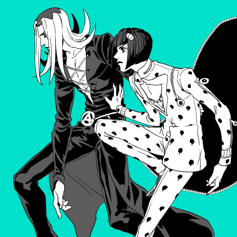 moru moru moru, bruno bucciarati, leone abbacchio, jojo no kimyou na bouken, vento aureo, commentary request, 2boys, black hair, blue background, bob cut, from side, greyscale, greyscale with colored background, hair ornament, monochrome, multiple boys, short hair, simple background, zipper, zipper pull tab