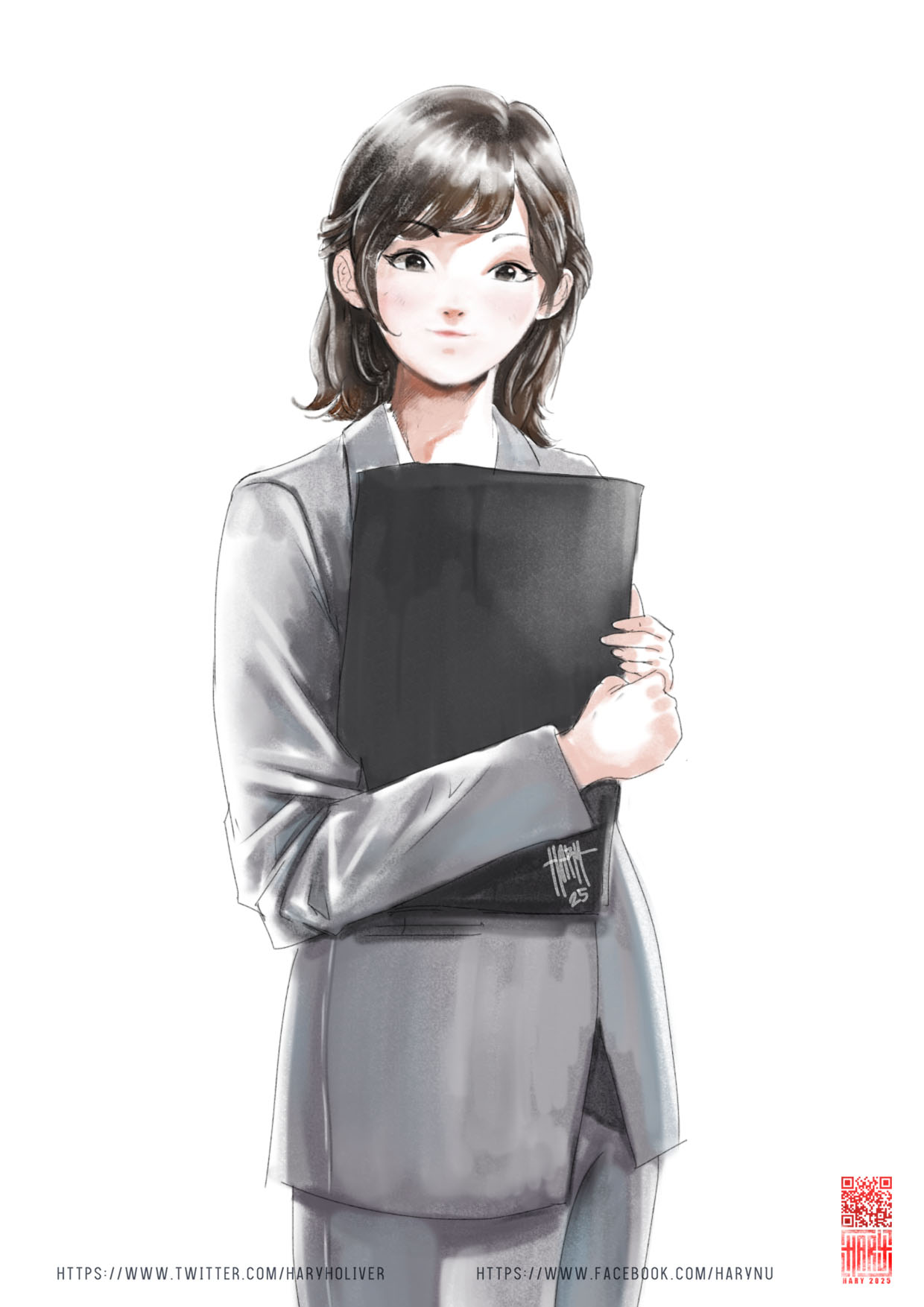 hary nugraha, araki saori, real life, highres, 1girl, artist name, brown eyes, brown hair, business suit, closed mouth, formal clothes, grey suit, holding binder, jacket, looking at viewer, medium hair, office lady, puffy cheeks, qr code, signature, smile, solo, standing, suit, suit jacket, swept bangs, white background