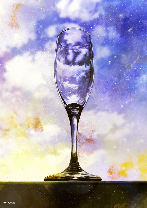 nomiya (no 38), original, commentary request, blurry, blurry background, champagne flute, cloud, cup, drinking glass, no humans, object focus, sunrise, twitter username
