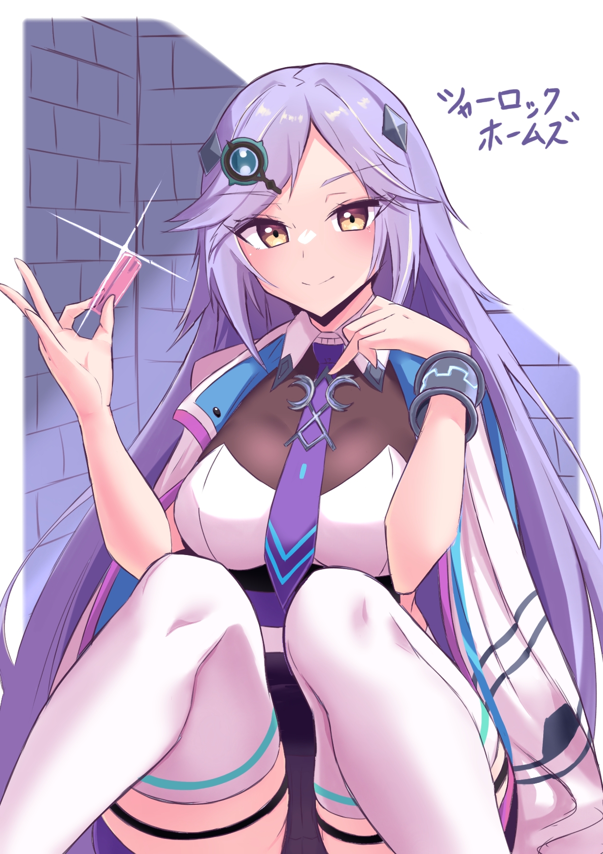 kobayashi macchan, sherlock holmes (monster strike), monster strike, highres, 1girl, breasts, eyelashes, huge breasts, long hair, necktie, purple hair, sitting, solo, spread legs, thick thighs, thighhighs, thighs, white thighhighs, yellow eyes