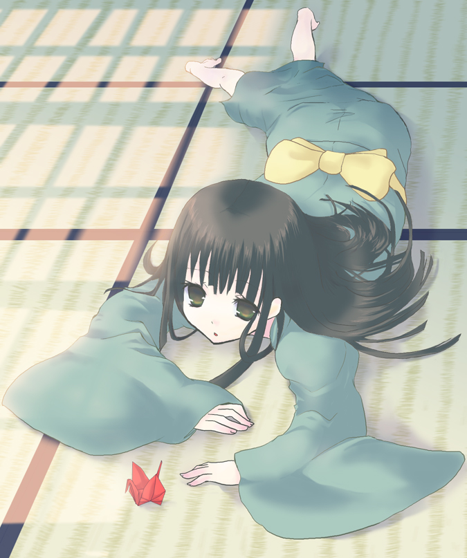 gucchiann, barefoot, black hair, brown eyes, foreshortening, japanese clothes, kimono, long hair, lying, origami, paper crane, solo