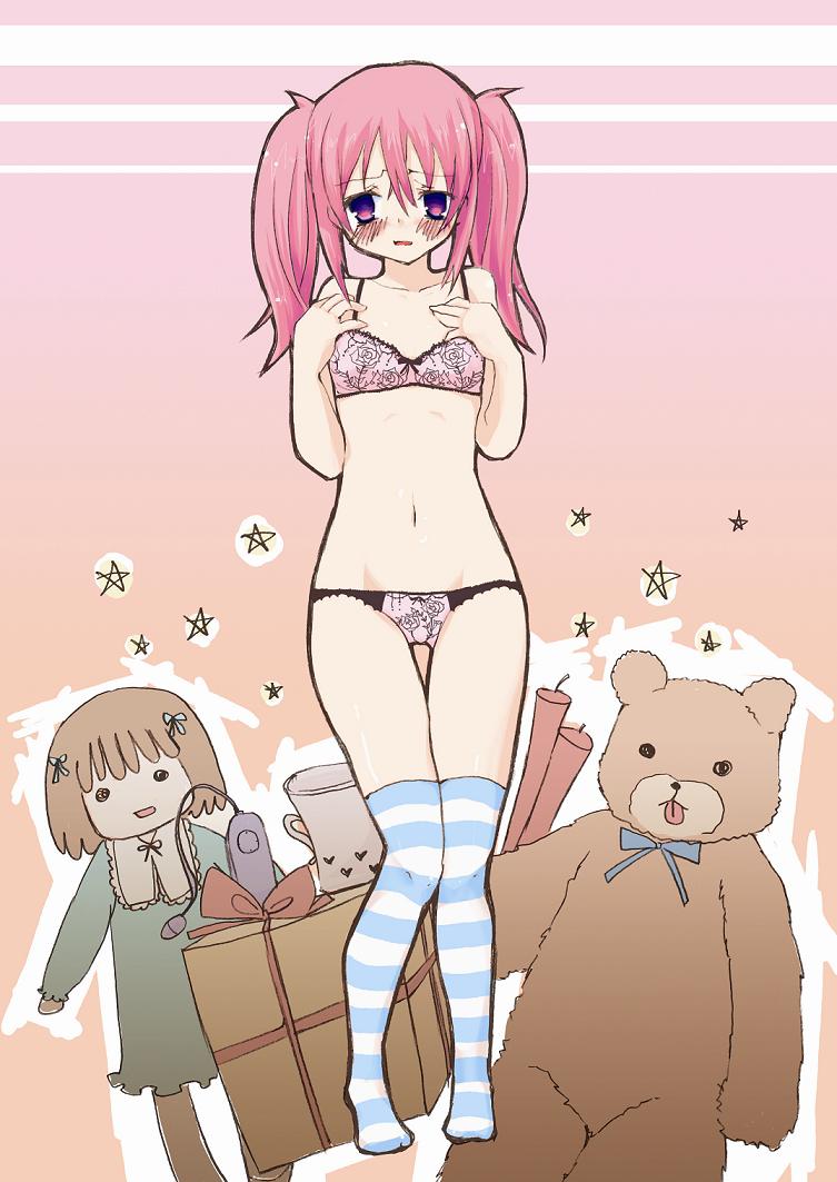 gucchiann, 1girl, blush, bra, doll, female focus, gift, lingerie, panties, pink eyes, pink hair, solo, striped clothes, striped thighhighs, stuffed animal, stuffed toy, thighhighs, twintails, underwear, underwear only
