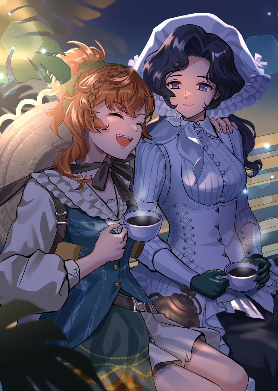 xincloustan, anjo nala, crucible, lopera (reverse:1999), reverse:1999, highres, 2girls, ^ ^, black hair, black skirt, blue vest, brown hat, closed eyes, closed mouth, coffee, coif, corset, cup, feet out of frame, gloves, green gloves, hat, hat on back, holding, holding cup, holster, looking at another, miniskirt, multiple girls, neckerchief, on bench, open mouth, orange hair, pinstripe pattern, pinstripe shirt, plant, purple eyes, shirt, shoulder holster, side-by-side, side ponytail, sitting, skirt, smile, steam, straw hat, striped clothes, striped shirt, vertical-striped clothes, vertical-striped shirt, vest, white corset, white hat, white neckerchief, white shirt, white skirt