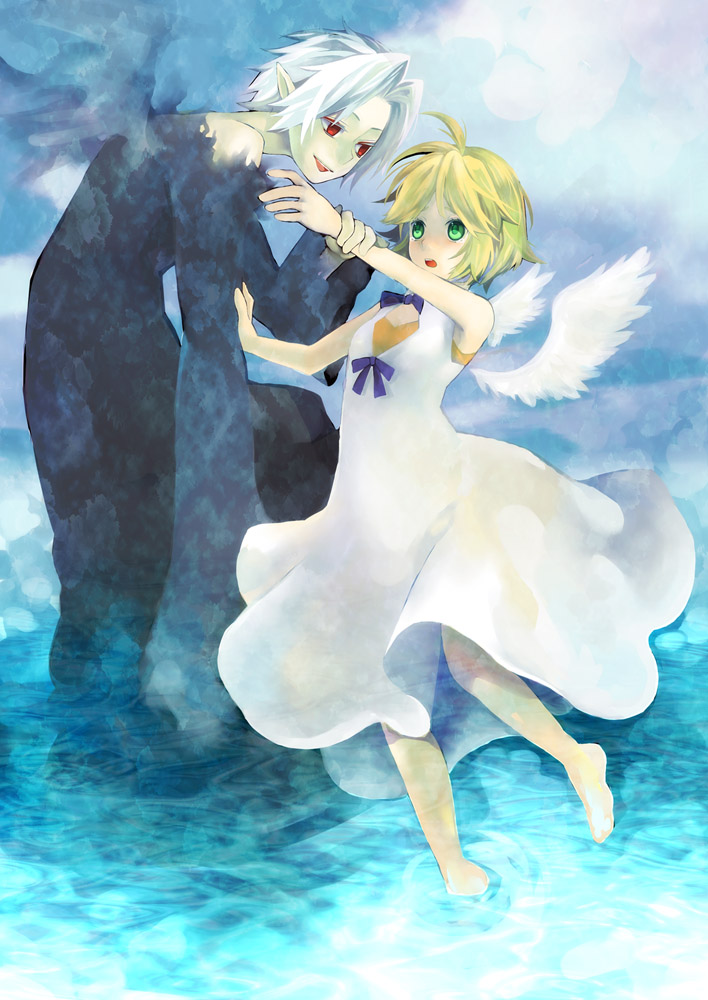 yoko (shiocolor), eien no shounen, lost-ko, lost (sound horizon), sound horizon, arm grab, bad id, bad pixiv id, blonde hair, cloud, green eyes, outdoors, pointy ears, red eyes, ribbon, short hair, siomusubi, sky, water, white hair, wings