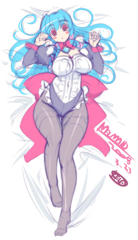 mel/a, melmaid, :o, blue hair, blush, breasts, large breasts, long hair, lying, maid, pantyhose, red eyes