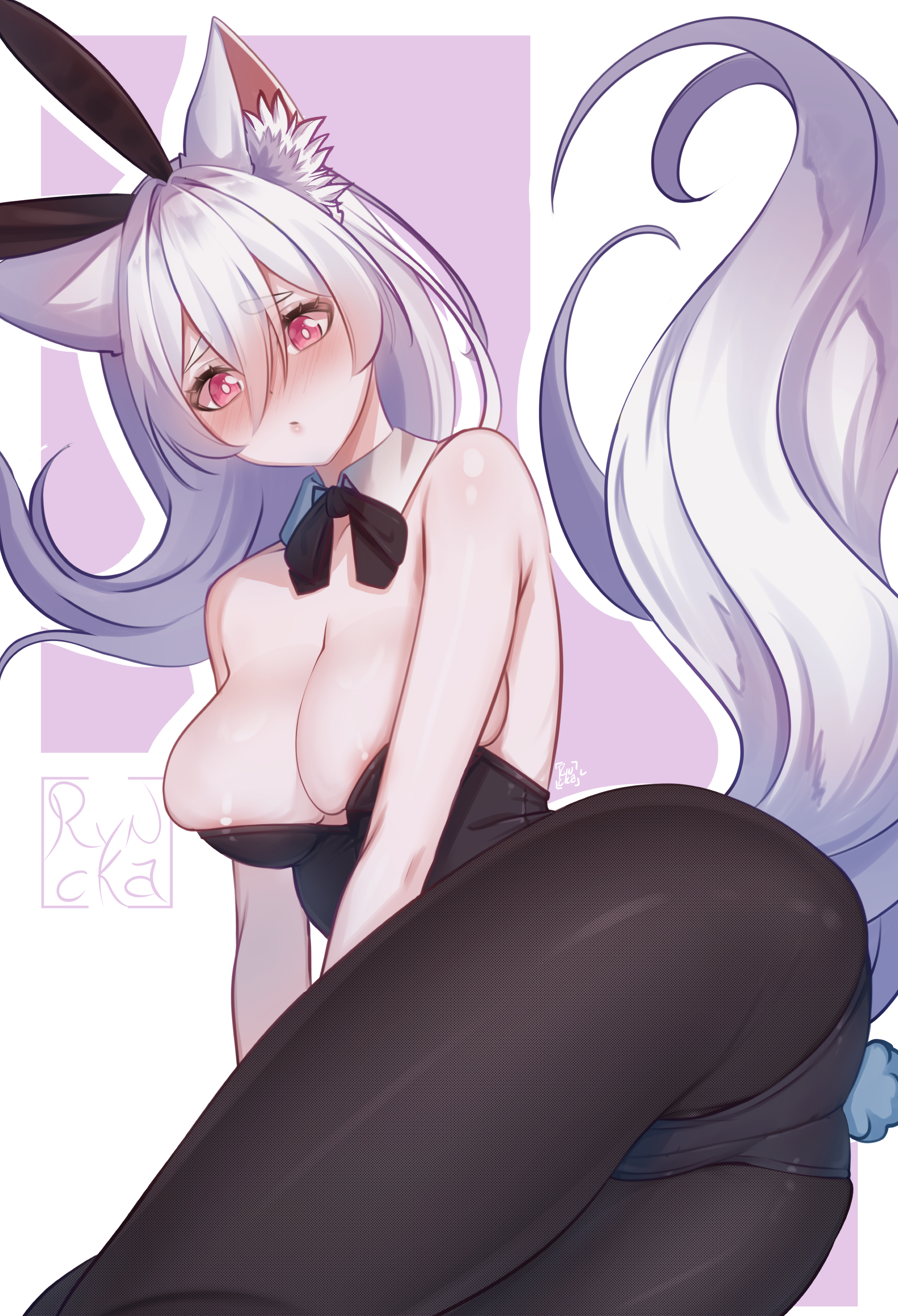 ryncka, pooky boo, indie virtual youtuber, 1girl, animal ears, areola slip, arm support, ass, bare shoulders, black leotard, black pantyhose, blush, breasts, collar, detached collar, dot nose, embarrassed, eyebrows hidden by hair, eyelashes, fake animal ears, feet out of frame, female focus, fox ears, fox girl, fox tail, from behind, from below, from side, ghost girl, large breasts, leaning to the side, leotard, pale skin, pantyhose, playboy bunny, purple background, rabbit ears, red eyes, simple background, sitting, solo, strapless, strapless leotard, tail, two-tone background, virtual youtuber, white background, white collar