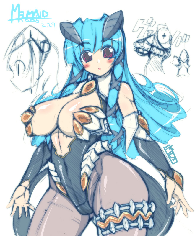 mel/a, melmaid, :o, armor, blue hair, blush, breasts, cleavage, cosplay, demon girl, groin, horns, huge breasts, long hair, navel, red eyes, tail
