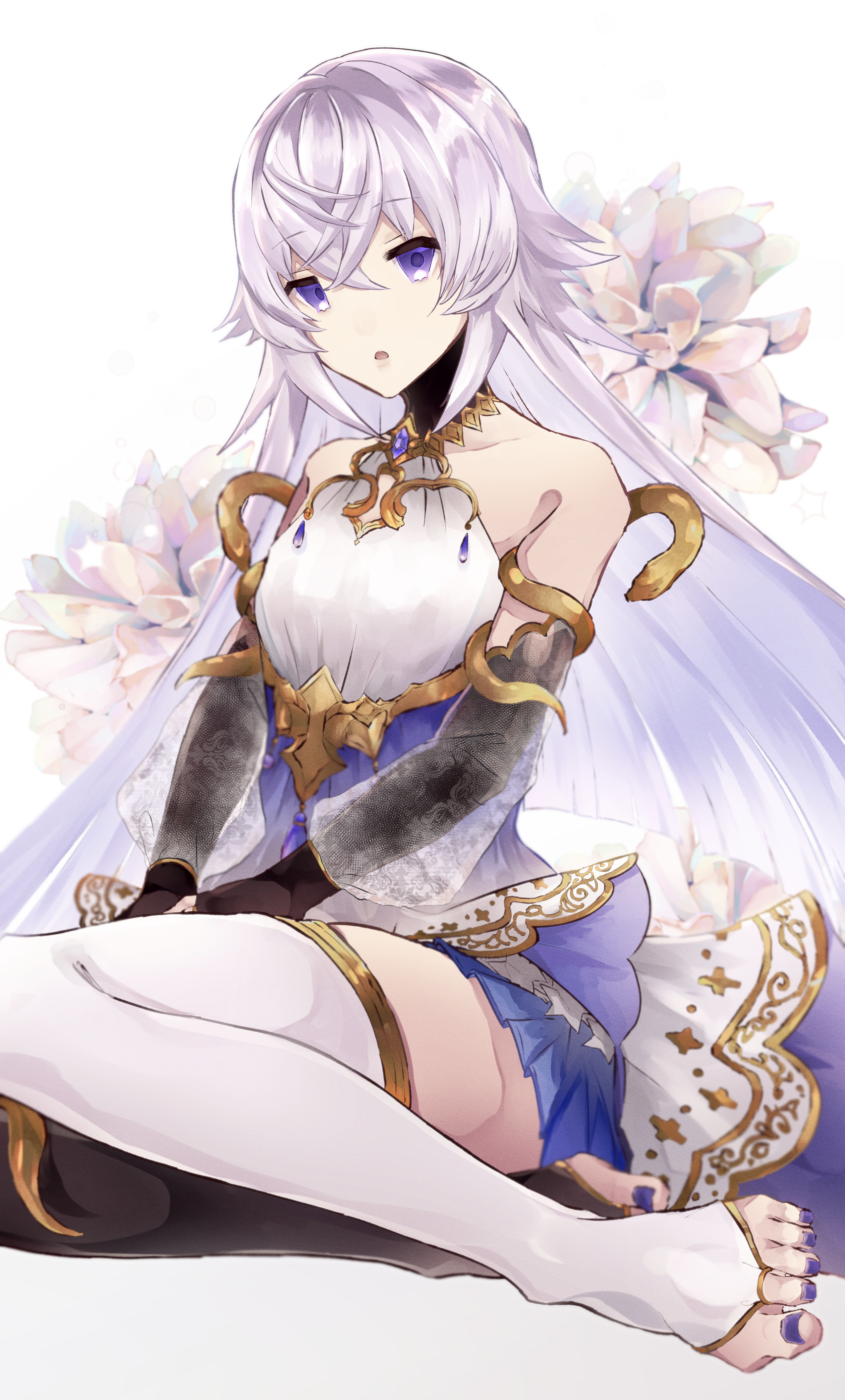 si zny, magic mirror (grimms notes), grimms notes, 1girl, breasts, cleavage cutout, clothing cutout, long hair, purple eyes, purple hair, sitting