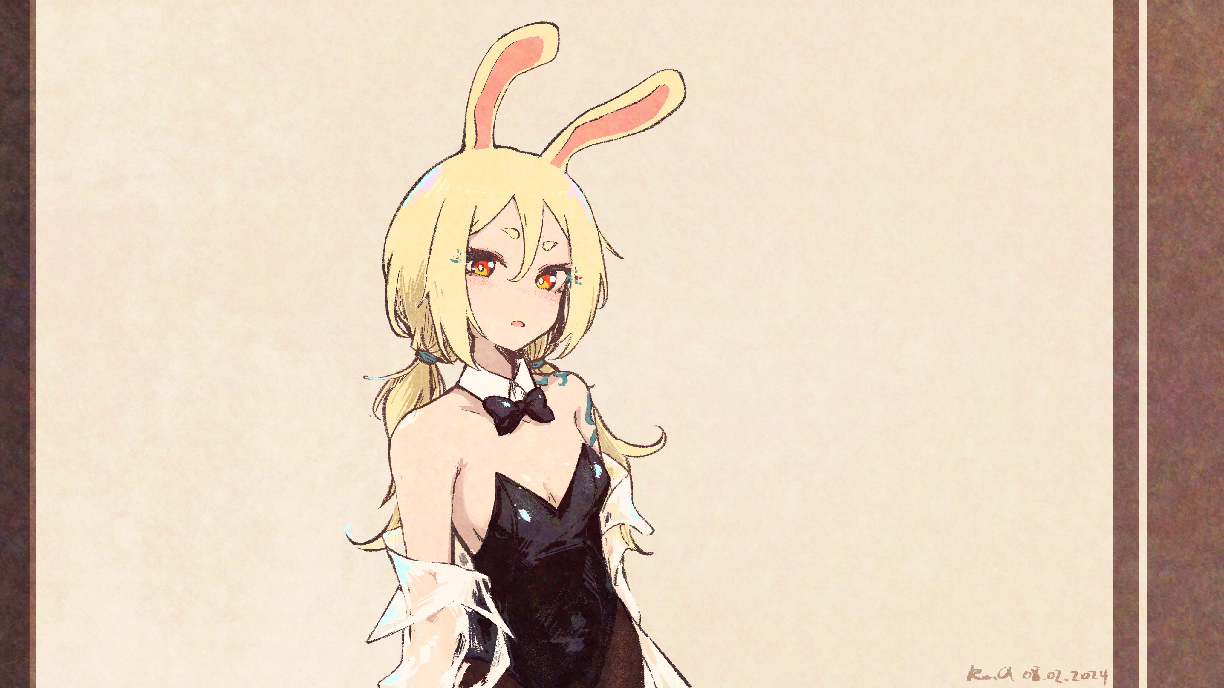 rnna, original, absurdres, commentary, english commentary, highres, 1girl, animal ears, bare shoulders, black bow, black leotard, black pantyhose, blonde hair, bow, breasts, cleavage, dated, detached collar, gradient eyes, leotard, long hair, multicolored eyes, pantyhose, playboy bunny, rabbit ears, rabbit girl, red eyes, shoulder tattoo, signature, small breasts, tattoo, tutu (rnna), upper body, yellow eyes