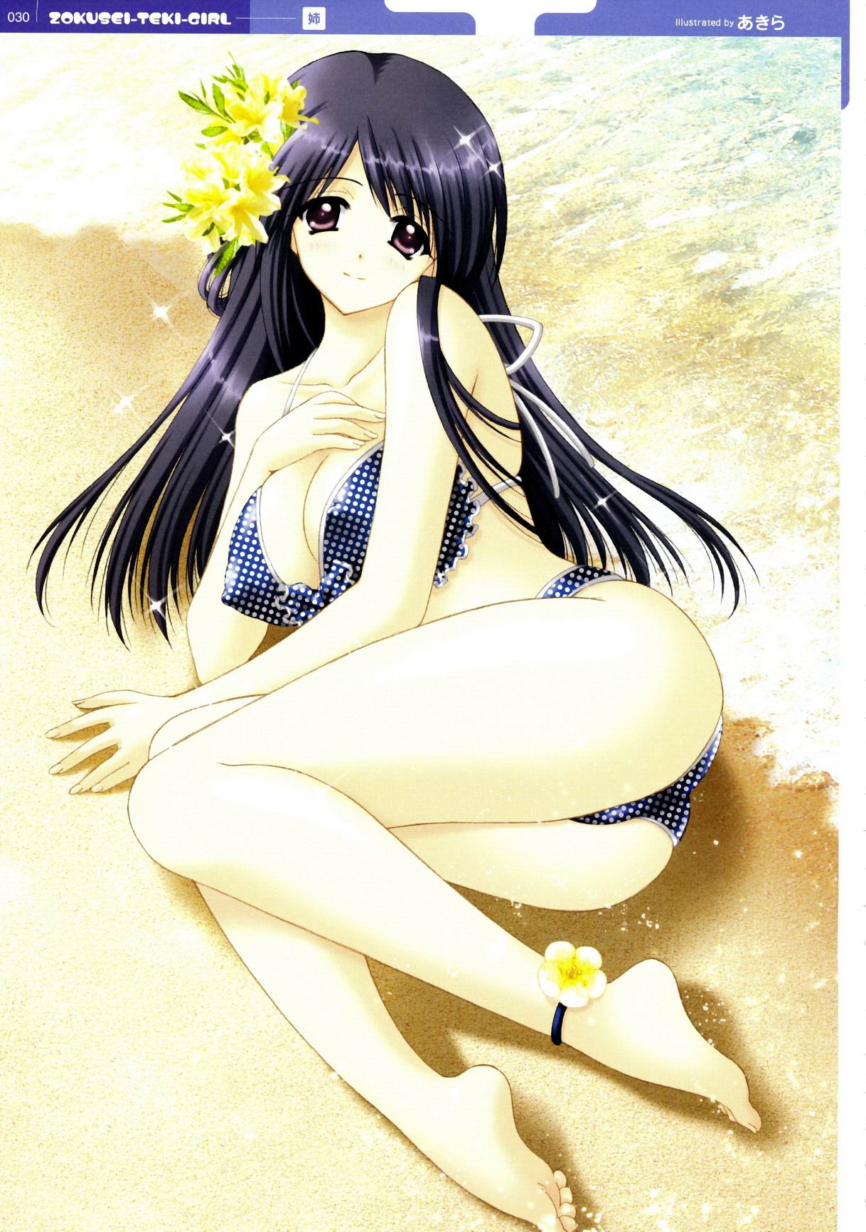 akira (usausa), highres, 1girl, artistic error, barefoot, bikini, blue hair, breasts, cleavage, covered erect nipples, female focus, flower, hair flower, hair ornament, large breasts, lying, polka dot, polka dot bikini, purple eyes, solo, sparkle, swimsuit