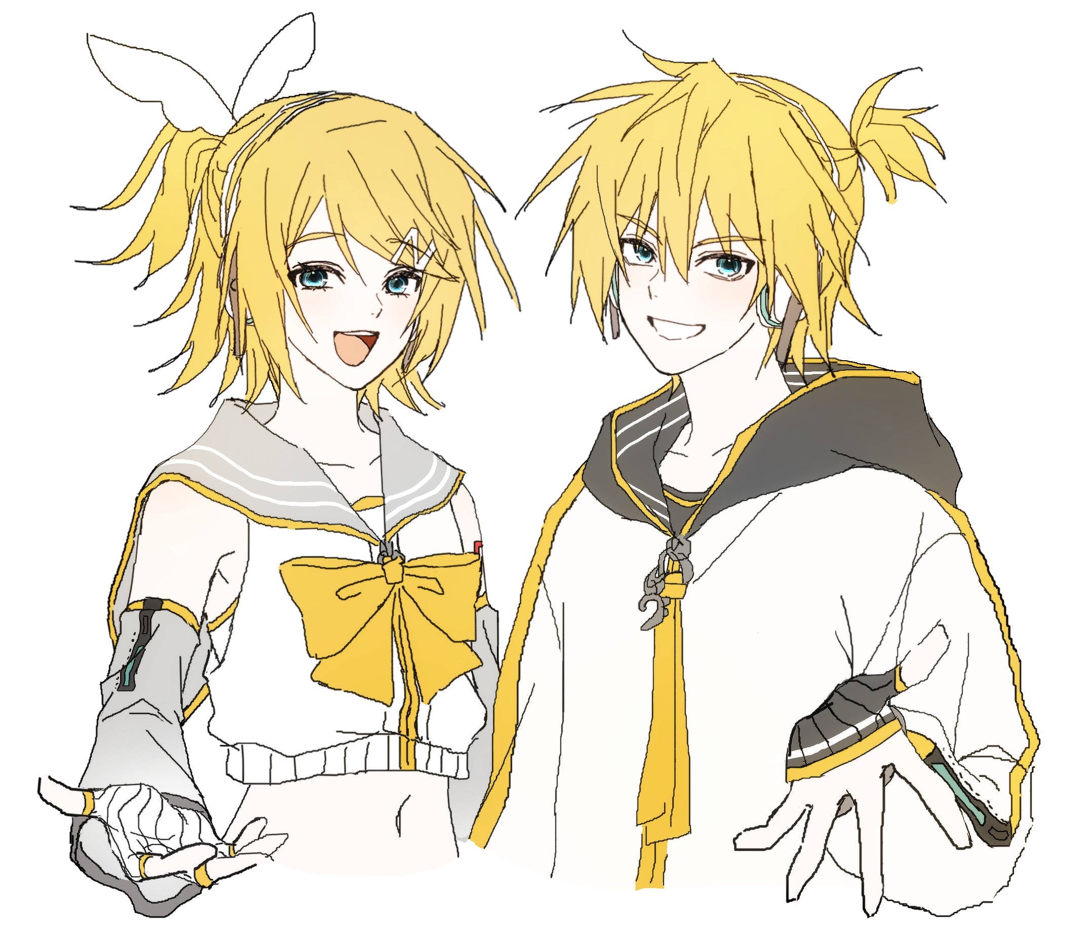 xillxu, kagamine len, kagamine rin, piapro studio, vocaloid, highres, 1boy, 1girl, ahoge, black jacket, blonde hair, blue eyes, bow, bowtie, character doll, cropped torso, doll, fur-trimmed jacket, fur trim, green bow, green bowtie, grin, hair ornament, hairclip, headphones, headphones around neck, holding, holding doll, jacket, kagamine len (nt), kagamine rin (nt), looking at viewer, one eye closed, ponytail, shirt, short hair, short ponytail, simple background, smile, teeth, upper body, white background, white shirt