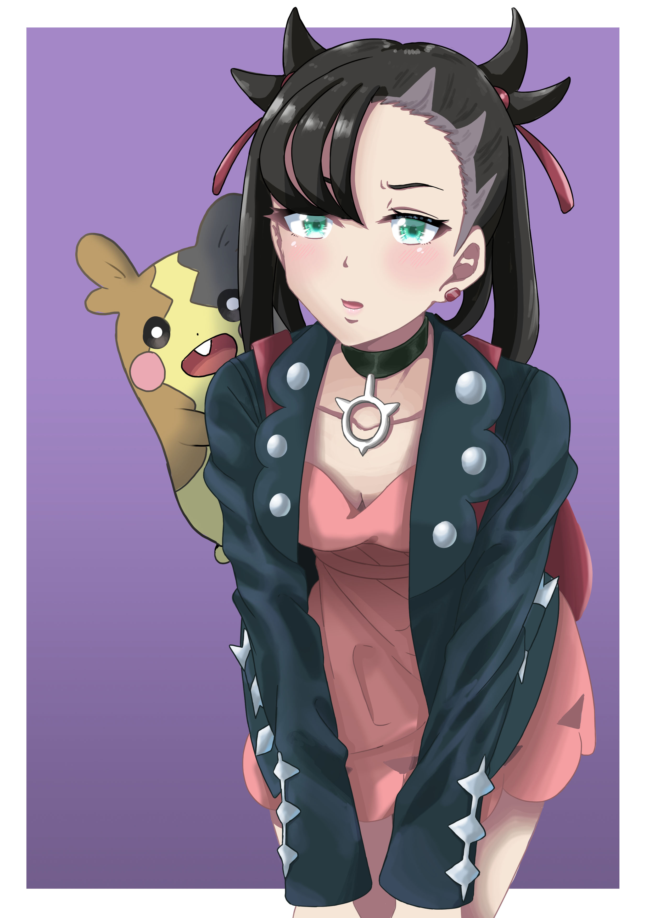 kyou (kyouillust), marnie (pokemon), morpeko, morpeko (full), nintendo, pokemon, pokemon swsh, absurdres, highres, 1girl, asymmetrical bangs, backpack, bag, black choker, black hair, border, breasts, choker, cleavage, collarbone, dress, earrings, gen 8 pokemon, green eyes, hair ribbon, jewelry, leaning forward, looking at viewer, on shoulder, open mouth, pink dress, pokemon (creature), pokemon on shoulder, purple background, red ribbon, ribbon, small breasts, stud earrings, undercut, white border
