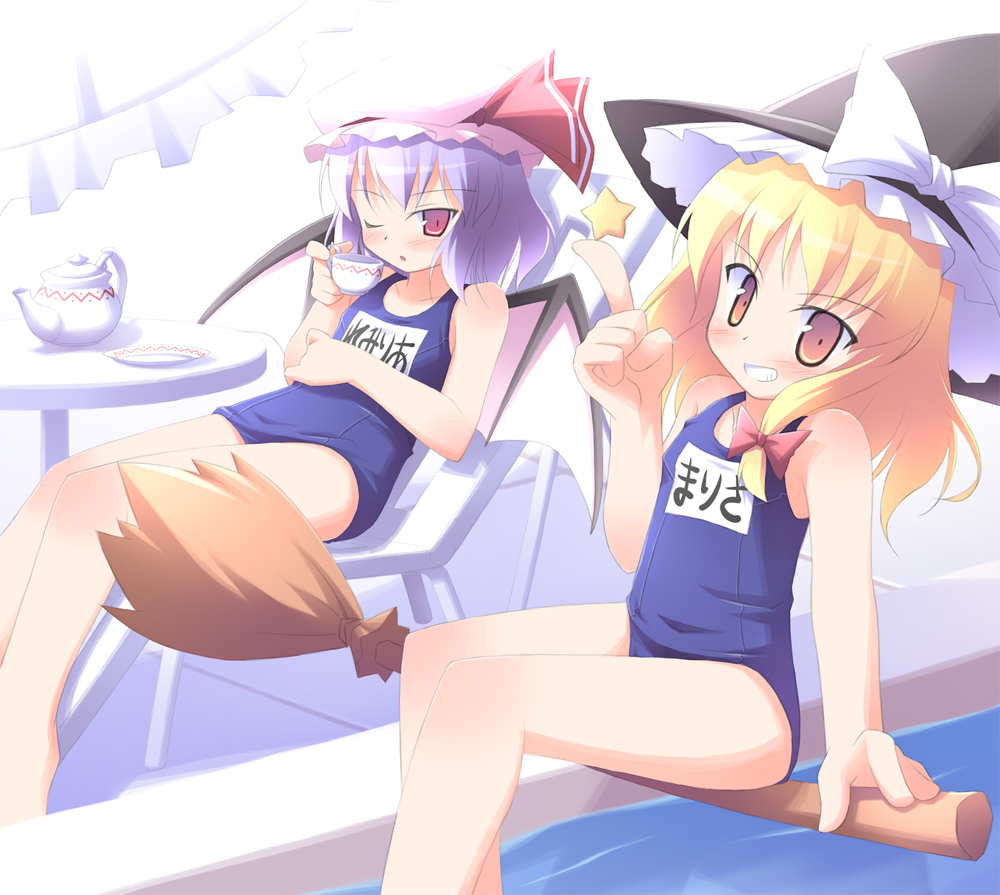 kagura yuuki, kirisame marisa, remilia scarlet, touhou, 2girls, bat wings, blonde hair, broom, broom riding, cup, female focus, hat, multiple girls, name tag, one-piece swimsuit, red eyes, school swimsuit, sidesaddle, swimsuit, teacup, wings, witch, witch hat