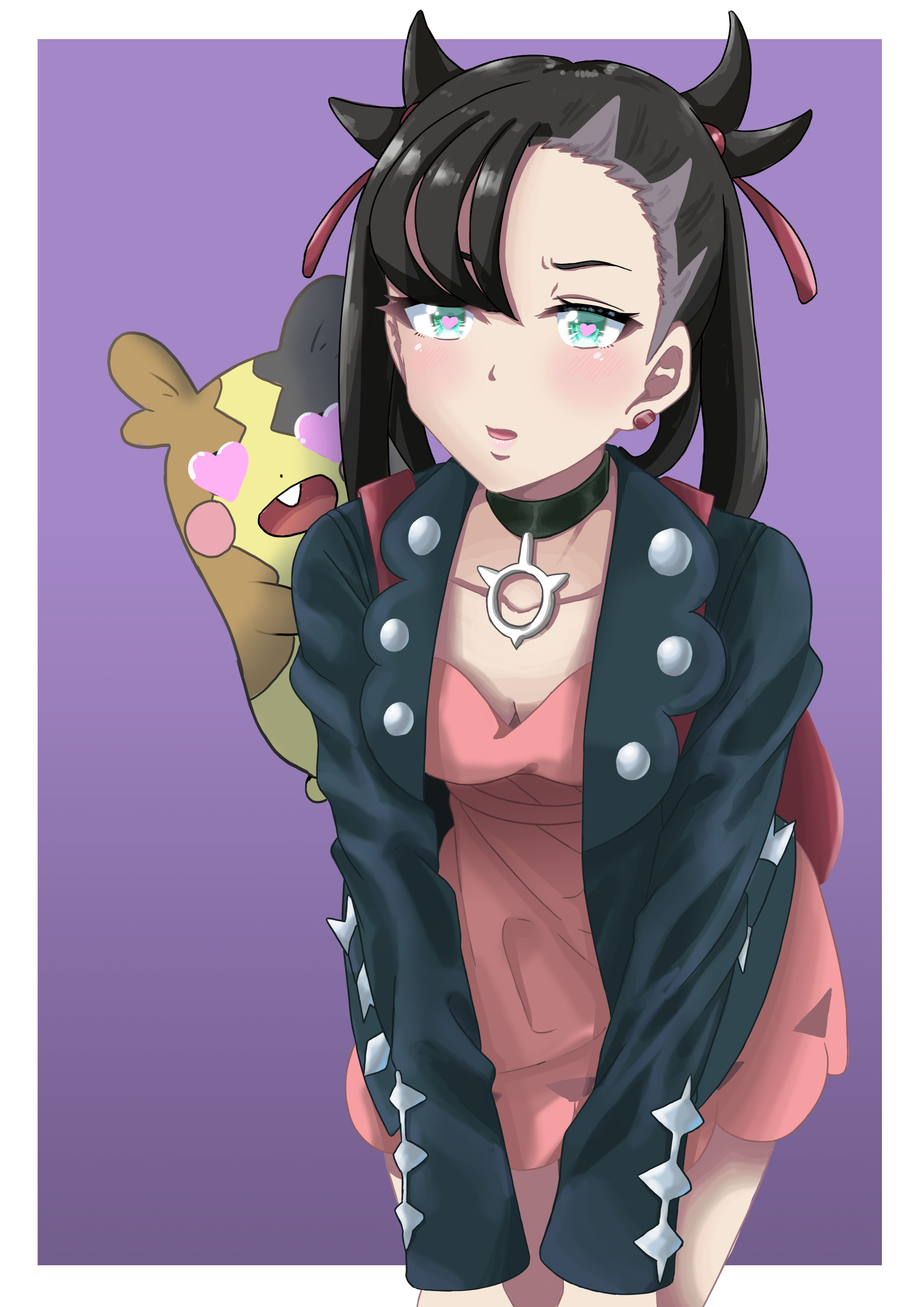 kyou (kyouillust), marnie (pokemon), morpeko, morpeko (full), nintendo, pokemon, pokemon swsh, absurdres, highres, 1girl, asymmetrical bangs, backpack, bag, black choker, black hair, border, breasts, choker, cleavage, collarbone, dress, earrings, gen 8 pokemon, green eyes, hair ribbon, heart, heart-shaped eyes, heart-shaped pupils, jewelry, leaning forward, looking at viewer, on shoulder, open mouth, pink dress, pokemon (creature), pokemon on shoulder, purple background, red ribbon, ribbon, small breasts, stud earrings, symbol-shaped pupils, undercut, white border