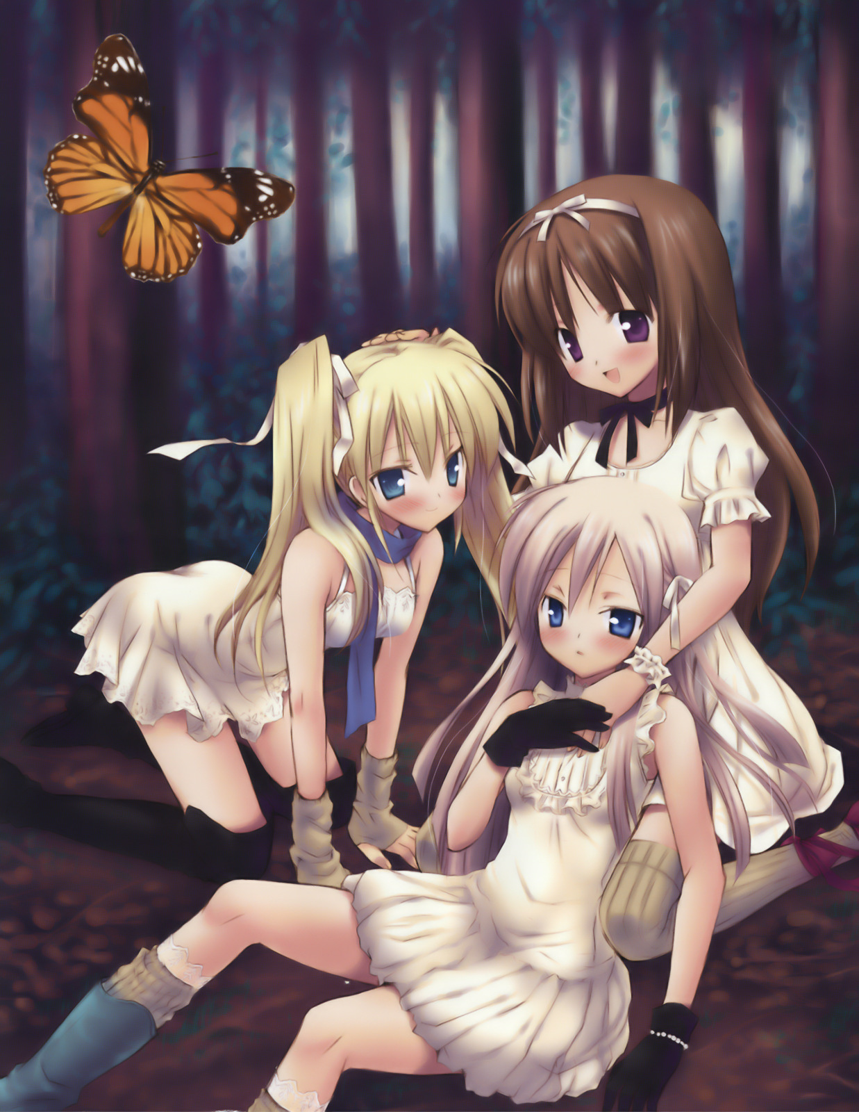 highres, 3girls, blonde hair, blue eyes, blush, bow, brown hair, bug, butterfly, dress, female focus, gloves, long hair, multiple girls, open mouth, purple eyes, smile, white hair