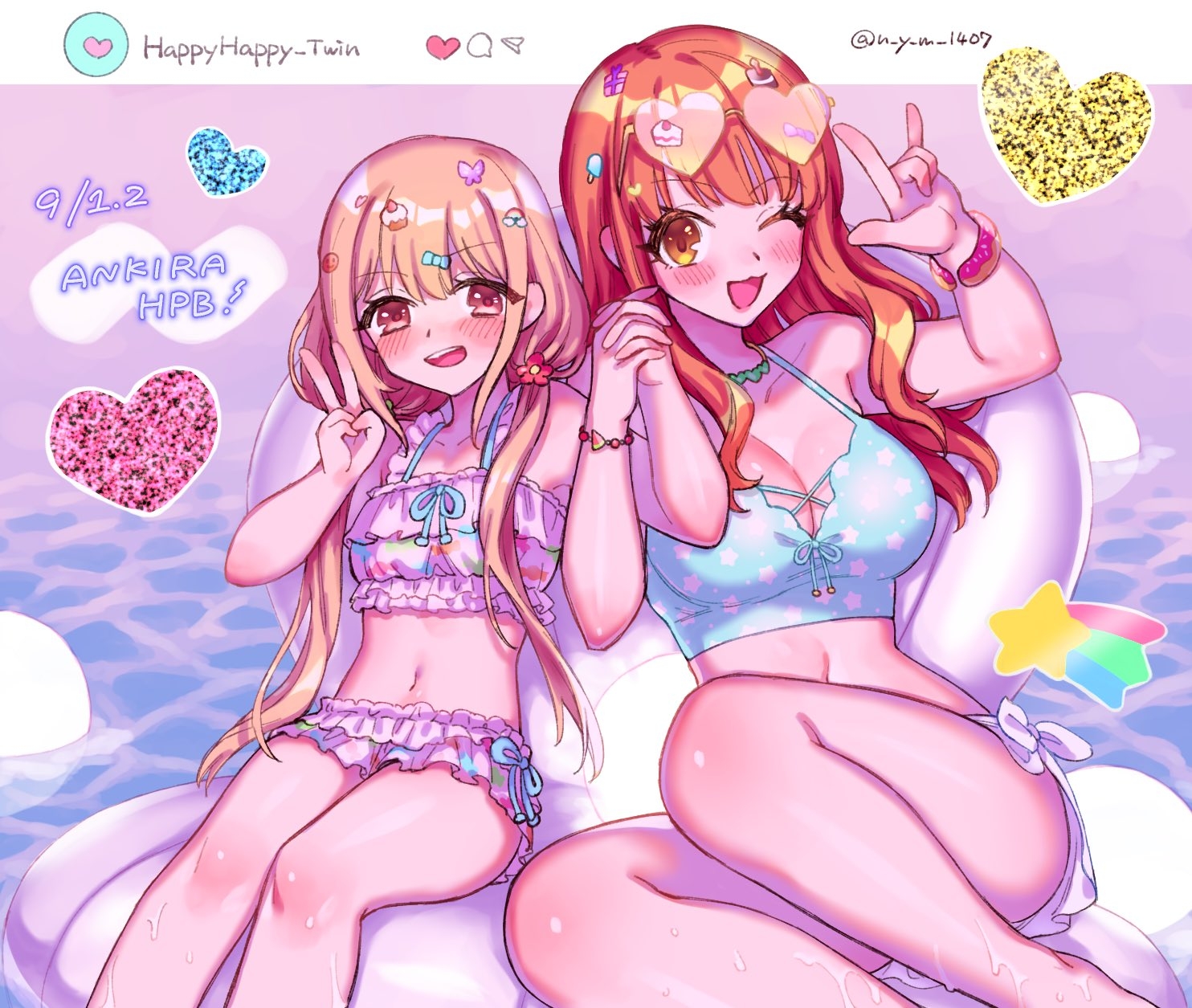 koyuki suzu, futaba anzu, moroboshi kirari, idolmaster, idolmaster cinderella girls, highres, 2girls, :3, m/, bikini, birthday, blonde hair, blush, breasts, brown eyes, cleavage, eyewear on head, hair over shoulder, hand up, happy birthday, heart, heart-shaped eyewear, long hair, looking at viewer, low twintails, multiple girls, navel, one eye closed, open mouth, orange hair, sitting, smile, sticker on hair, sunglasses, swimsuit, twintails, twitter username, v, water