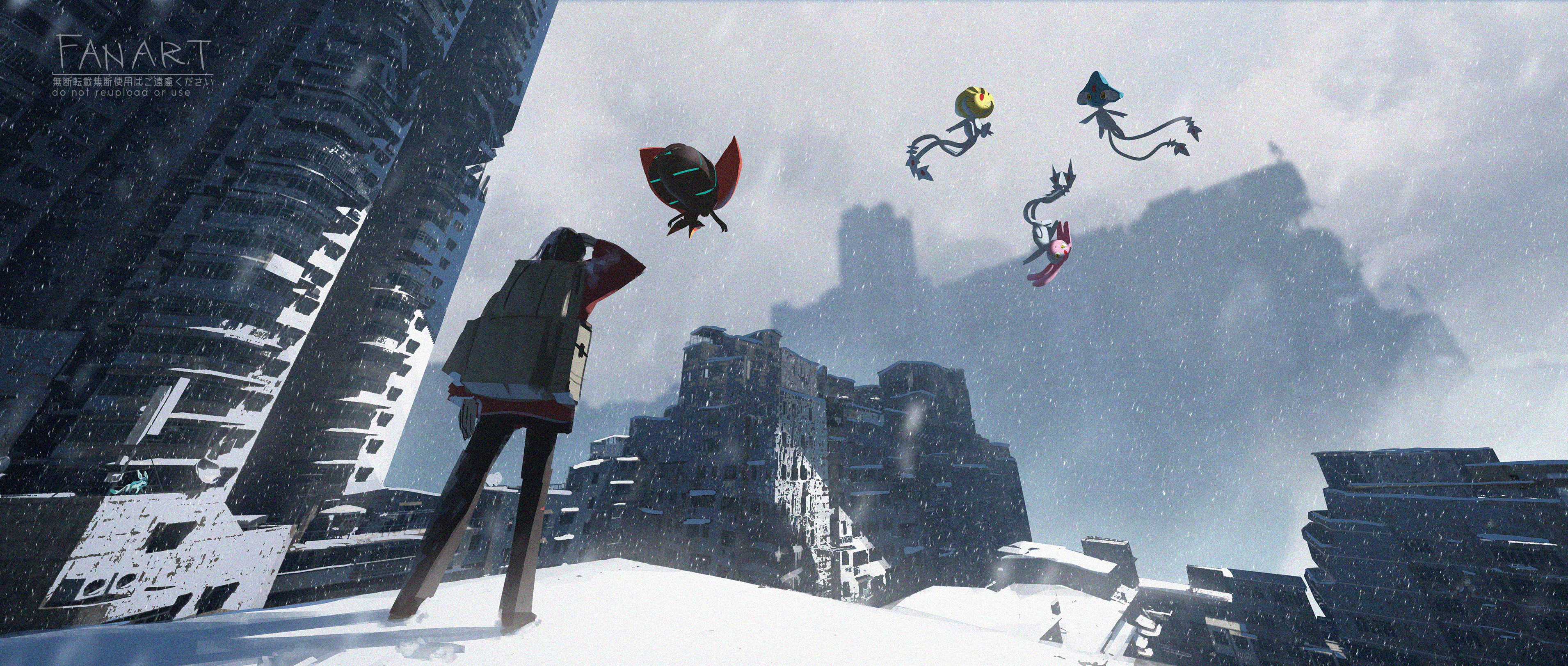 asteroid ill, azelf, mesprit, orbeetle, uxie, nintendo, original, pokemon, absurdres, highres, 1boy, abandoned, backpack, bag, black hair, blue skin, bug, building, city, closed eyes, closed mouth, cloud, cloudy sky, colored skin, day, floating, fog, forehead jewel, from below, full body, gem, gen 4 pokemon, gen 8 pokemon, jacket, legendary pokemon, long sleeves, looking at another, multicolored skin, multiple tails, orange jacket, outdoors, pants, pokemon (creature), pokemon focus, post-apocalypse, red gemstone, ruins, scenery, shoes, sky, skyscraper, smile, snow, snowing, standing, tail, two-tone skin, two tails, very wide shot, watermark, yellow eyes