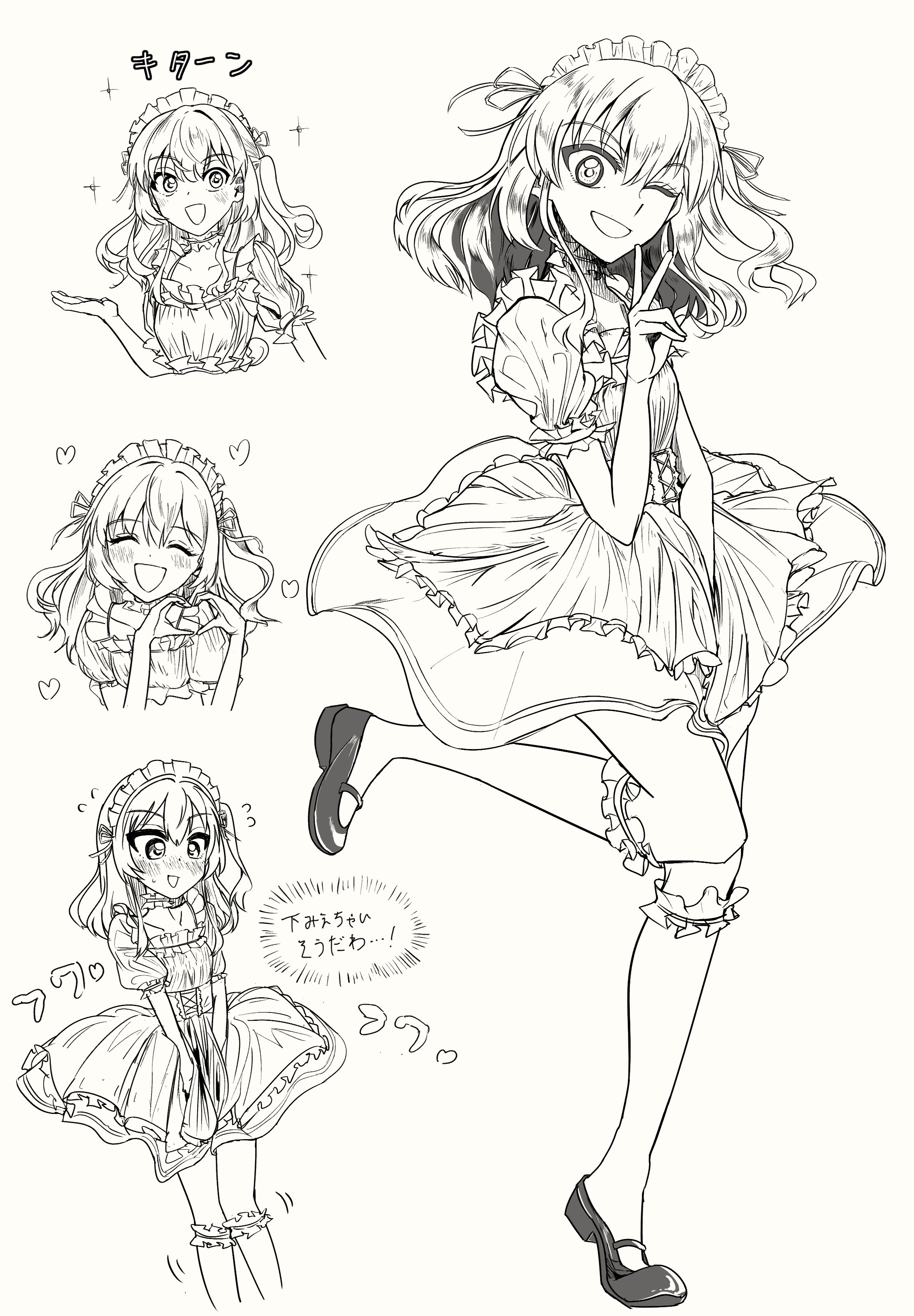 kita, urouchi, bocchi the rock!, thigh-highs, absurdres, highres, translation request, 1girl, blush, dress, dress shoes, foot up, hands on lap, heart, heart hands, maid headdress, medium hair, monochrome, peace symbol, short hair, sweat, sweatdrop, white background