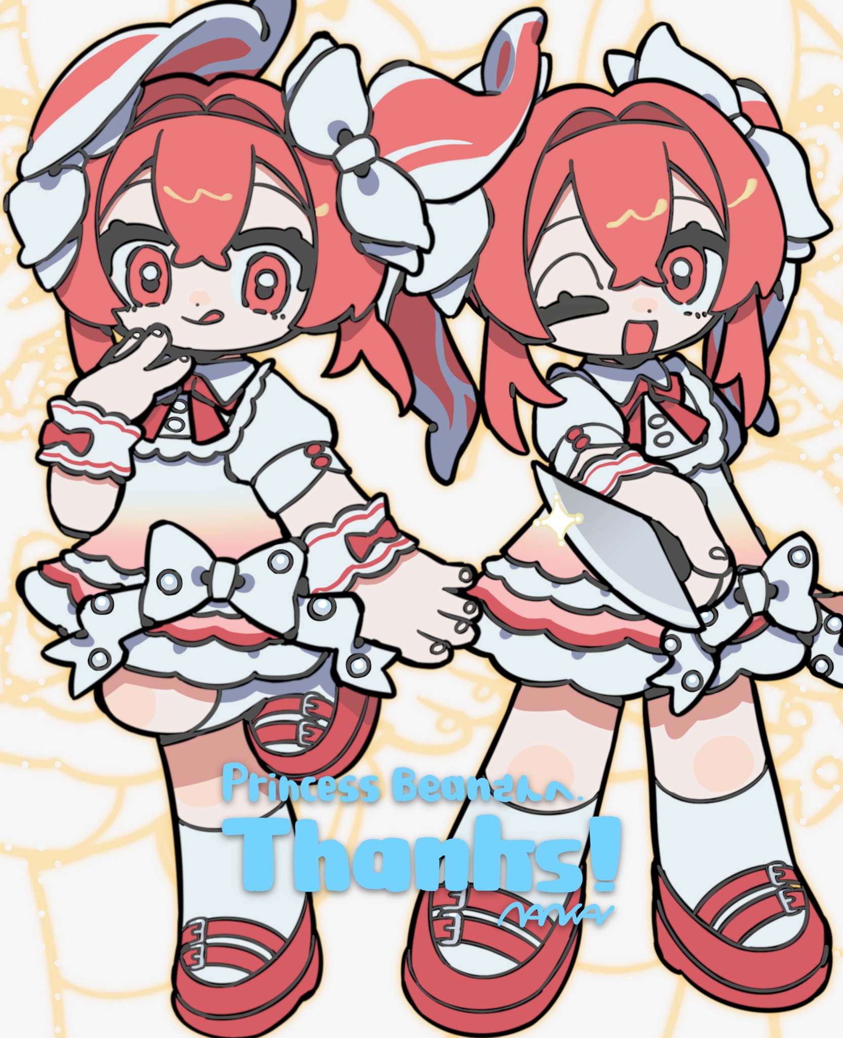 nankai (nankai san), original, highres, 2girls, armlet, borrowed character, bow, closed eyes, dress, frilled dress, frills, hair bow, holding, holding weapon, jewelry, knife, multiple girls, open mouth, red eyes, red hair, red shoes, shoes, socks, standing, tongue, tongue out, two side up, weapon, white dress, white socks