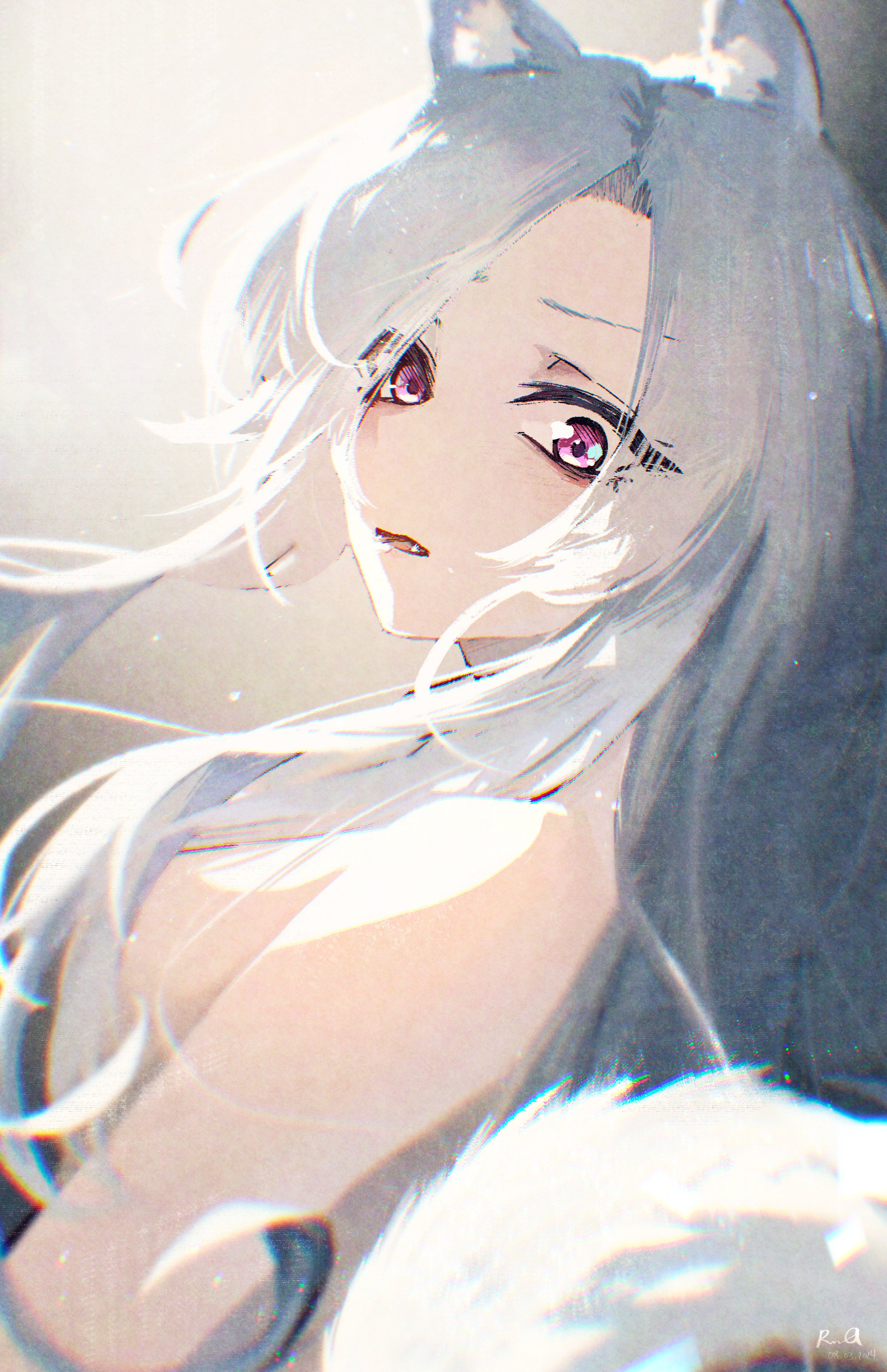 rnna, original, absurdres, commentary, english commentary, highres, 1girl, animal ear fluff, bare shoulders, breasts, dated, hair over breasts, hair over one eye, lof (rnna), long hair, medium breasts, nude, open mouth, purple eyes, signature, solo, tail, upper body, white hair, white tail, wolf girl, wolf tail