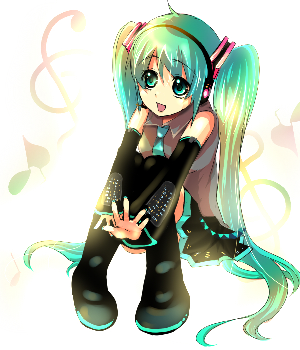 hashimochi, hatsune miku, vocaloid, 1girl, aqua hair, aqua necktie, female focus, long hair, musical note, necktie, quaver, sitting, solo, thighhighs, twintails, very long hair