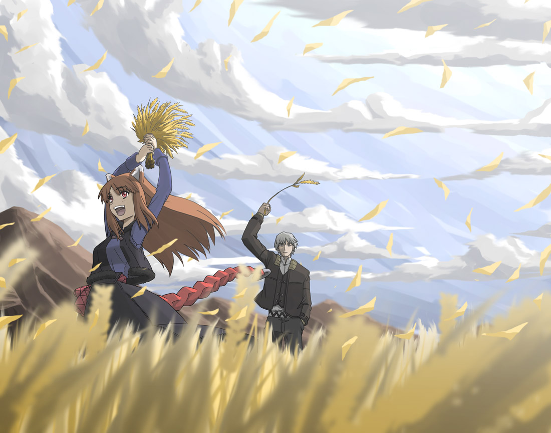 amane takashi, craft lawrence, holo, spice and wolf, bad id, bad pixiv id, 00s, 1boy, 1girl, cloud, day, sky, wheat