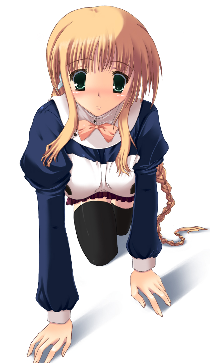 silfa (to heart), to heart (series), to heart 2, 00s, blonde hair, braid, braided ponytail, green eyes, robot ears, single braid, solo, thighhighs