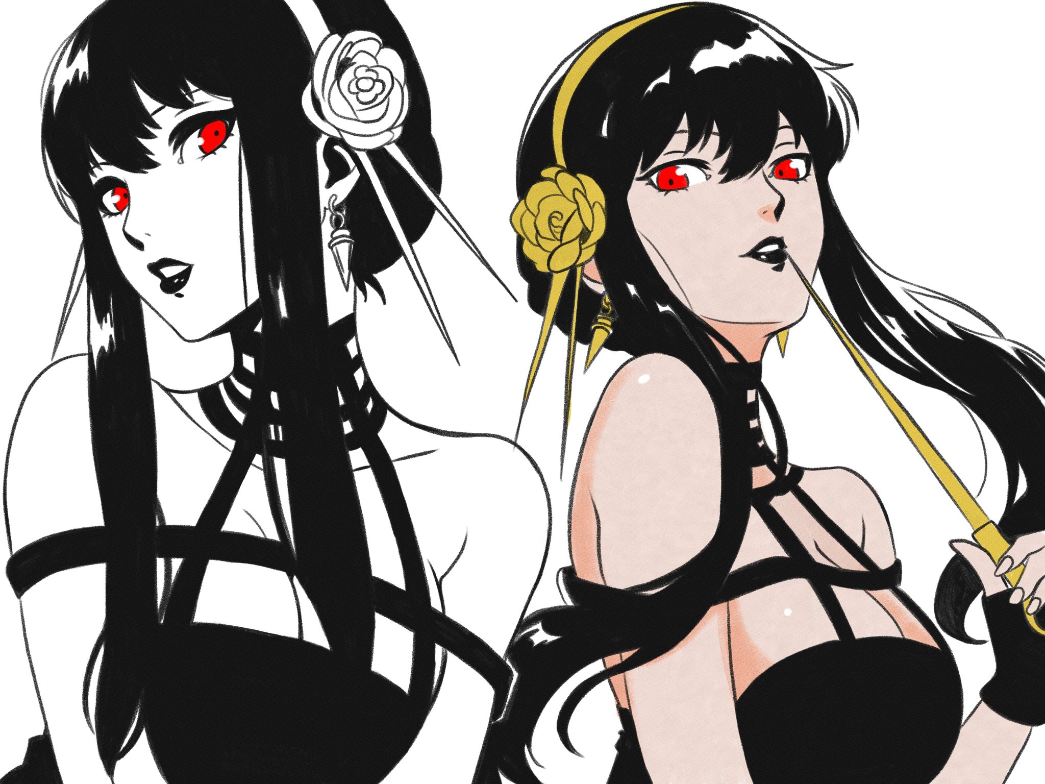 windriftdraws, yor briar, spy x family, highres, 1girl, bare shoulders, black dress, black hair, black lips, breasts, collarbone, dagger, dress, earrings, gloves, gold earrings, gold hairband, goth fashion, hair ornament, hairband, jewelry, knife, large breasts, long hair, looking at viewer, red eyes, sidelocks, simple background, spot color, stiletto (weapon), weapon, white background