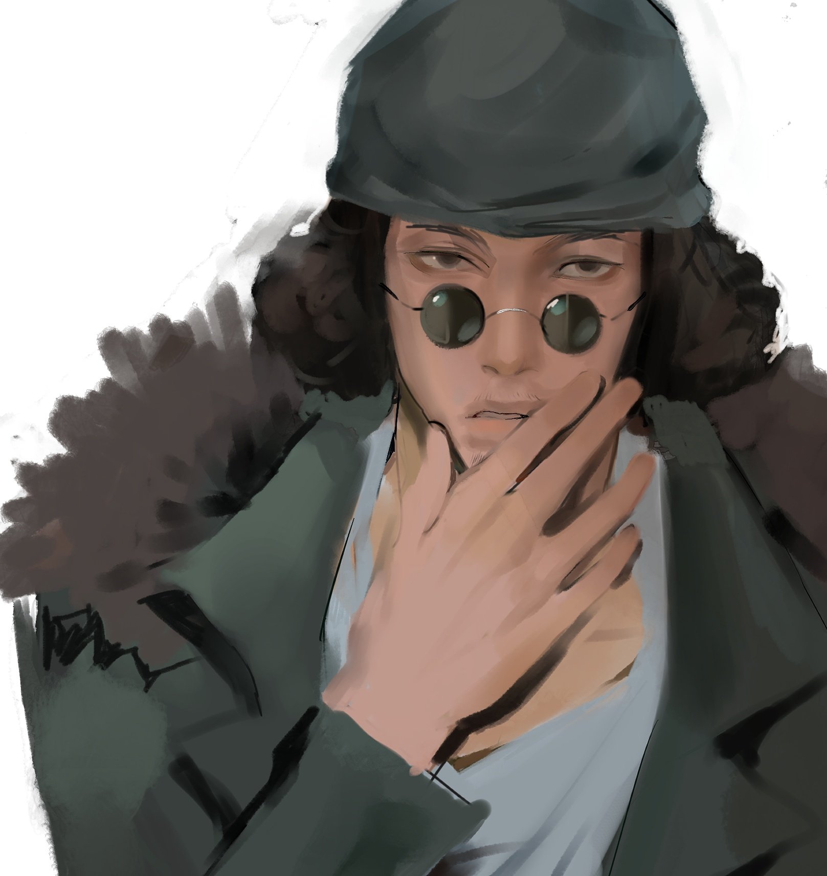 hhyy090, aokiji (one piece), one piece, highres, 1boy, black hair, coat, fur-trimmed coat, fur trim, hat, male focus, medium hair, parted lips, round eyewear, simple background, solo, upper body, white background