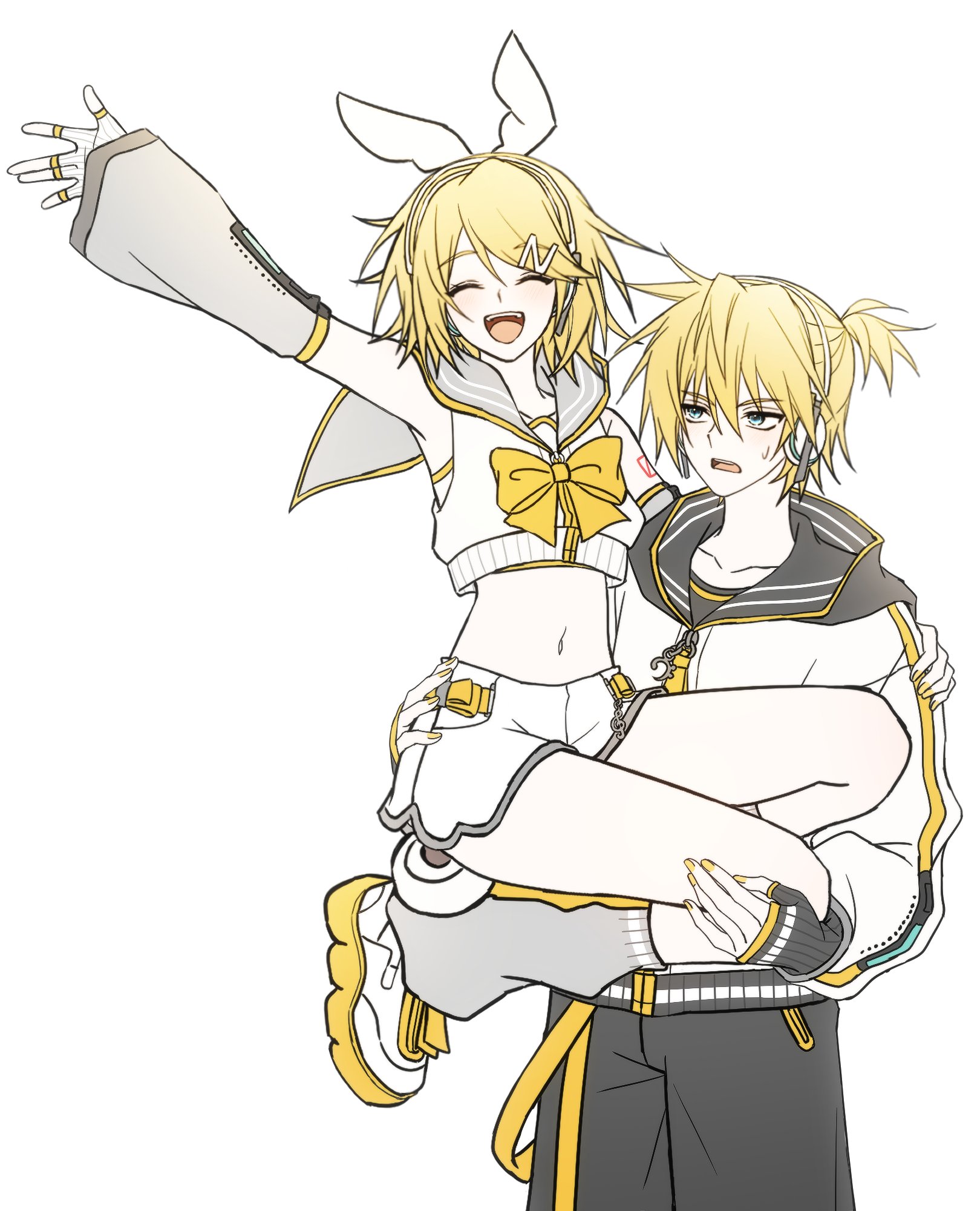 xillxu, kagamine len, kagamine rin, piapro studio, vocaloid, highres, 1boy, 1girl, adapted costume, annoyed, arm up, armpits, bare shoulders, belt, black pants, black sailor collar, blonde hair, blue eyes, bow, bowtie, carrying, carrying person, closed eyes, collarbone, cowboy shot, crop top, detached sleeves, fingerless gloves, fortissimo, gloves, grey sleeves, hair bow, hair ornament, hairclip, headphones, headset, hood, jacket, kagamine len (nt), kagamine rin (nt), leg warmers, looking at another, midriff, navel, open mouth, pants, ponytail, sailor collar, see-through clothes, see-through sleeves, shirt, shoes, short hair, short ponytail, short shorts, shorts, siblings, simple background, sleeveless, sleeveless shirt, smile, sweatdrop, treble clef, twins, white background, white bow, white jacket, white shirt, white shorts, yellow bow, yellow nails, zipper, zipper pull tab