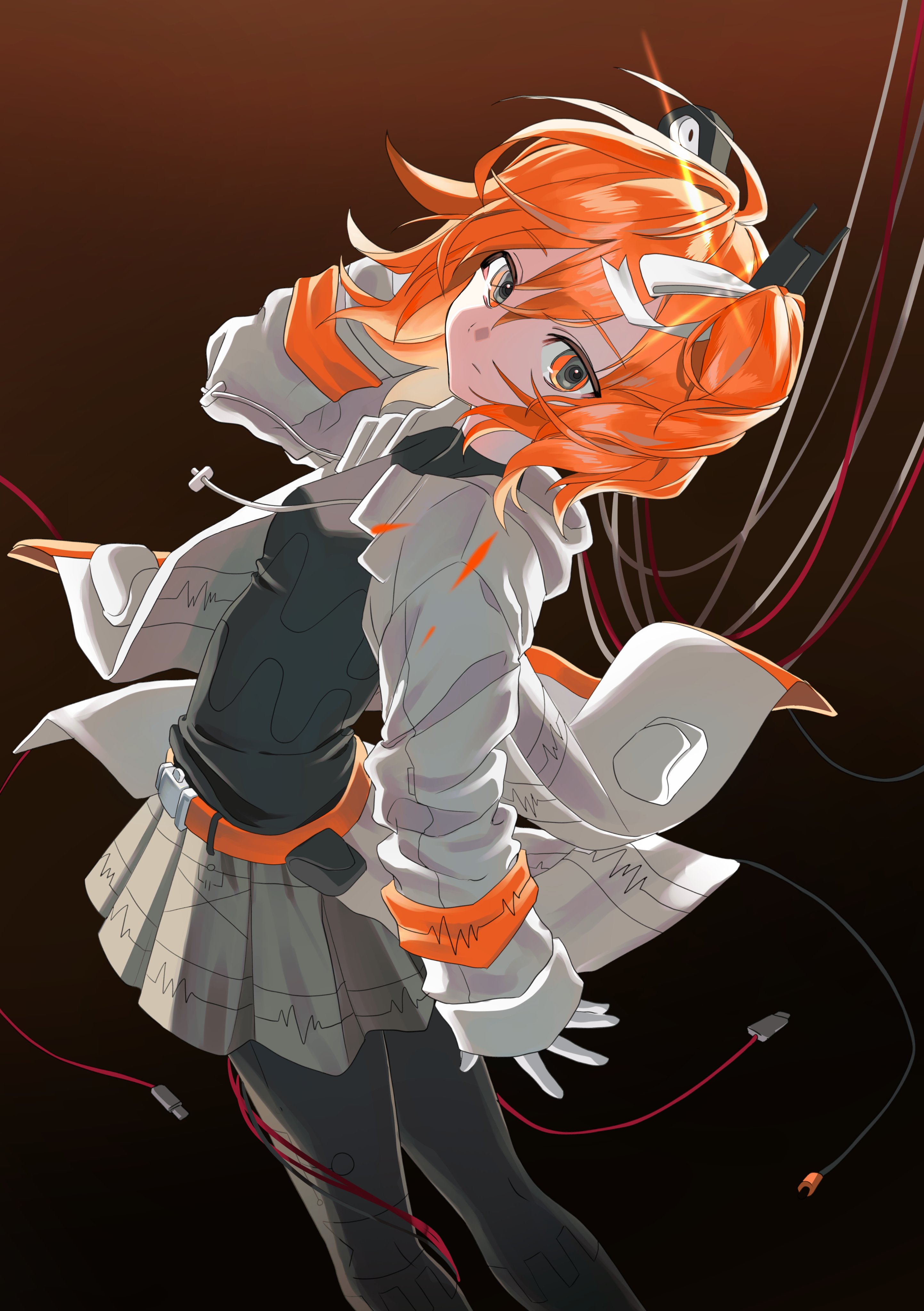 adachi rei, utau, absurdres, highres, 1girl, android, arm at side, belt, belt pouch, black background, black leggings, black shirt, breasts, cable, closed mouth, feet out of frame, floating hair, from above, from side, gloves, gradient background, grey skirt, hair ornament, hair ribbon, hairclip, hand up, headlamp, hood, hood down, hooded jacket, jacket, leggings, long sleeves, looking at viewer, looking to the side, medium hair, one side up, open clothes, open jacket, orange belt, orange eyes, orange hair, pantyhose, pleated skirt, pouch, radio antenna, ribbon, shirt, skhuh art, skirt, smile, solo, standing, turtleneck, white gloves, white jacket, white ribbon