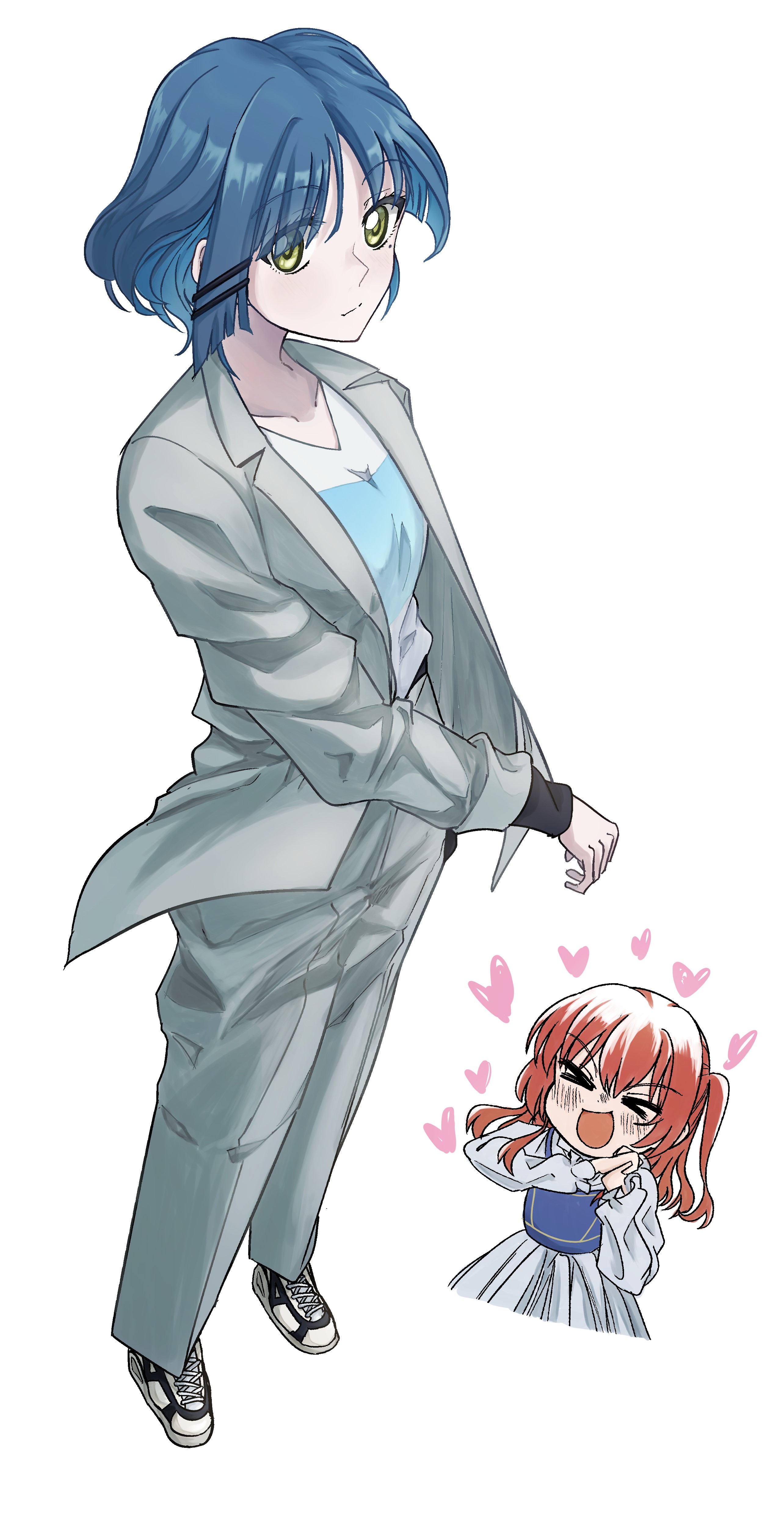 urouchi, kita ikuyo, yamada ryo, bocchi the rock!, absurdres, highres, black sleeve cuffs, blue hair, blush, breasts, closed eyes, dress, formal clothes, hair ornament, hair ribbon, heart, long sleeves, looking at another, looking at viewer, own hands clasped, own hands together, red hair, ribbon, shirt, shoes, small breasts, smile, sneakers, suit, white background, white dress, white shirt, white suit, white undershirt, yellow eyes
