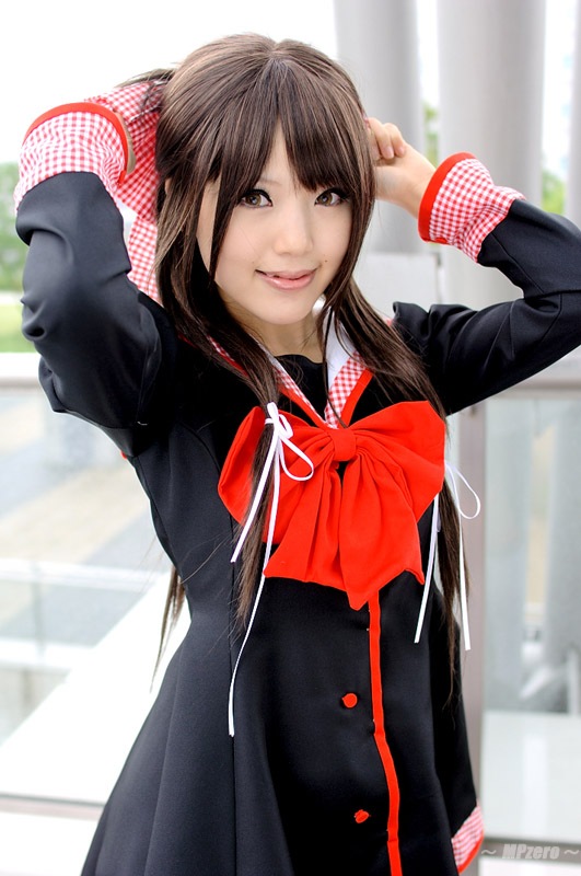 kipi-san, masuda shizuka, final approach, photo (medium), 1girl, asian, breasts, brown eyes, brown hair, color contacts, cosplay, female focus, long hair, looking at viewer, masuda shizuka (cosplay), mole, outdoors, sailor collar, school uniform, serafuku, small breasts, solo