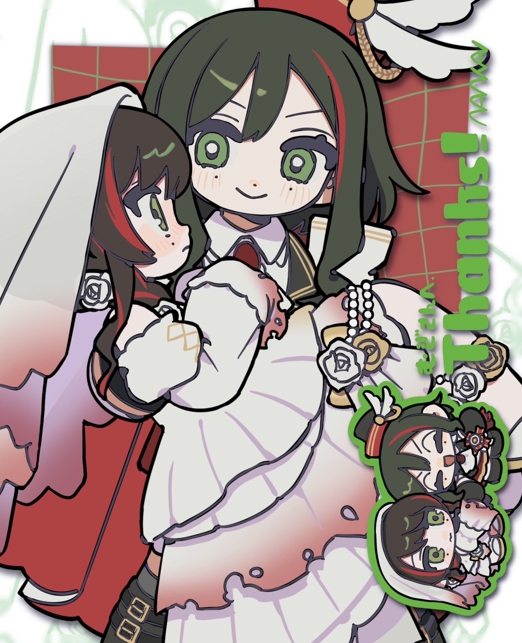 nankai (nankai san), original, commission, highres, skeb commission, 2girls, boots, borrowed character, carrying, carrying person, chibi, chibi inset, dress, flower, gloves, green eyes, green hair, looking at another, mole, mole under each eye, mole under eye, multicolored hair, multiple girls, multiple moles, red hair, rose, smile, striped clothes, striped thighhighs, thighhighs, two-tone hair, veil, white dress