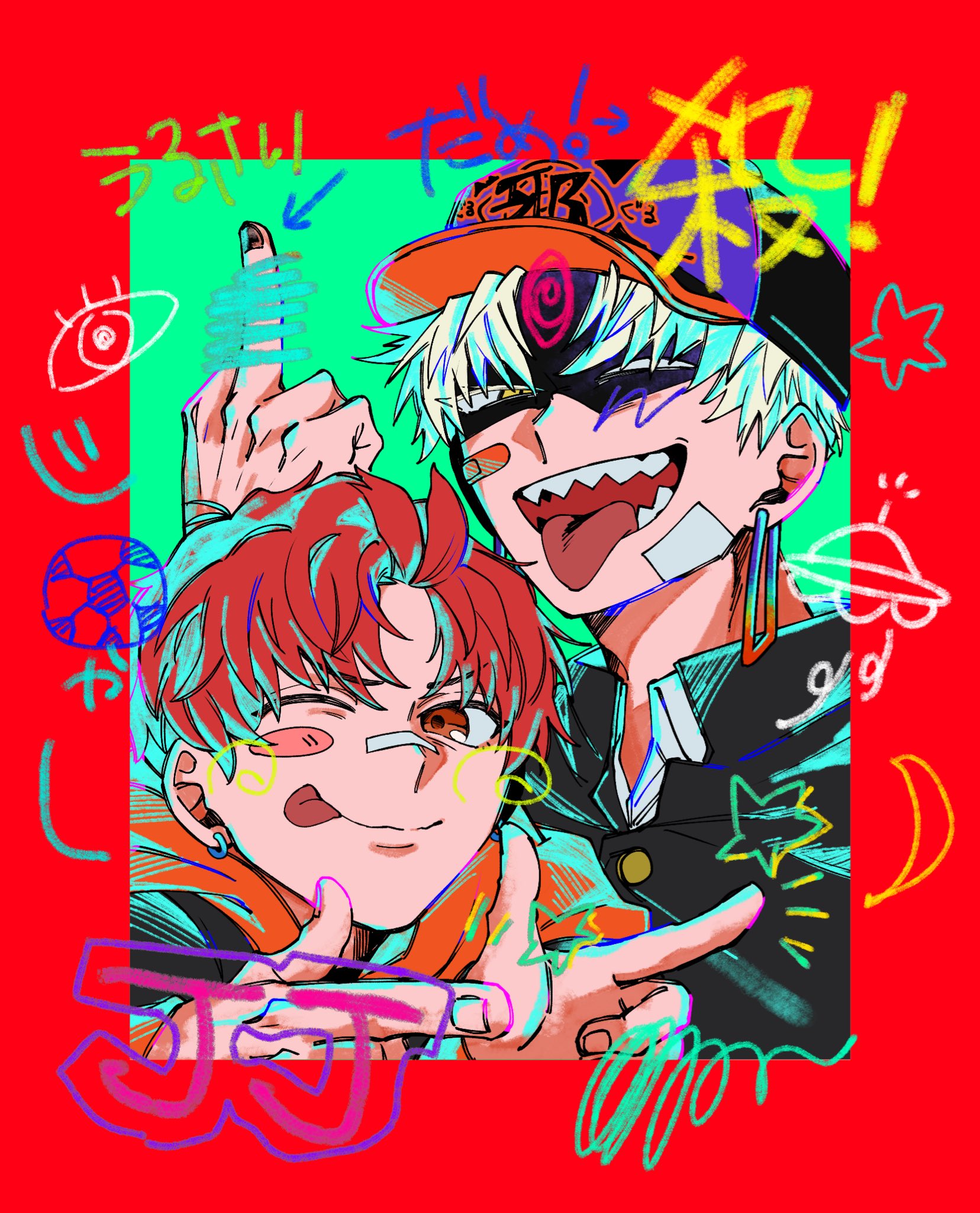 enjoji jin, evil eye (dandadan), dandadan, commentary request, highres, 2boys, bandaid, bandaid on cheek, bandaid on face, bandaid on nose, baseball cap, closed mouth, double finger gun, dual persona, earrings, finger gun, gakuran, hat, hood, hood down, hoodie, jewelry, looking at viewer, middle finger, mtmt 0 1, multiple boys, one eye closed, open mouth, orange hoodie, red hair, school uniform, sharp teeth, short hair, smile, teeth, third eye, tongue, tongue out, upper body, white hair