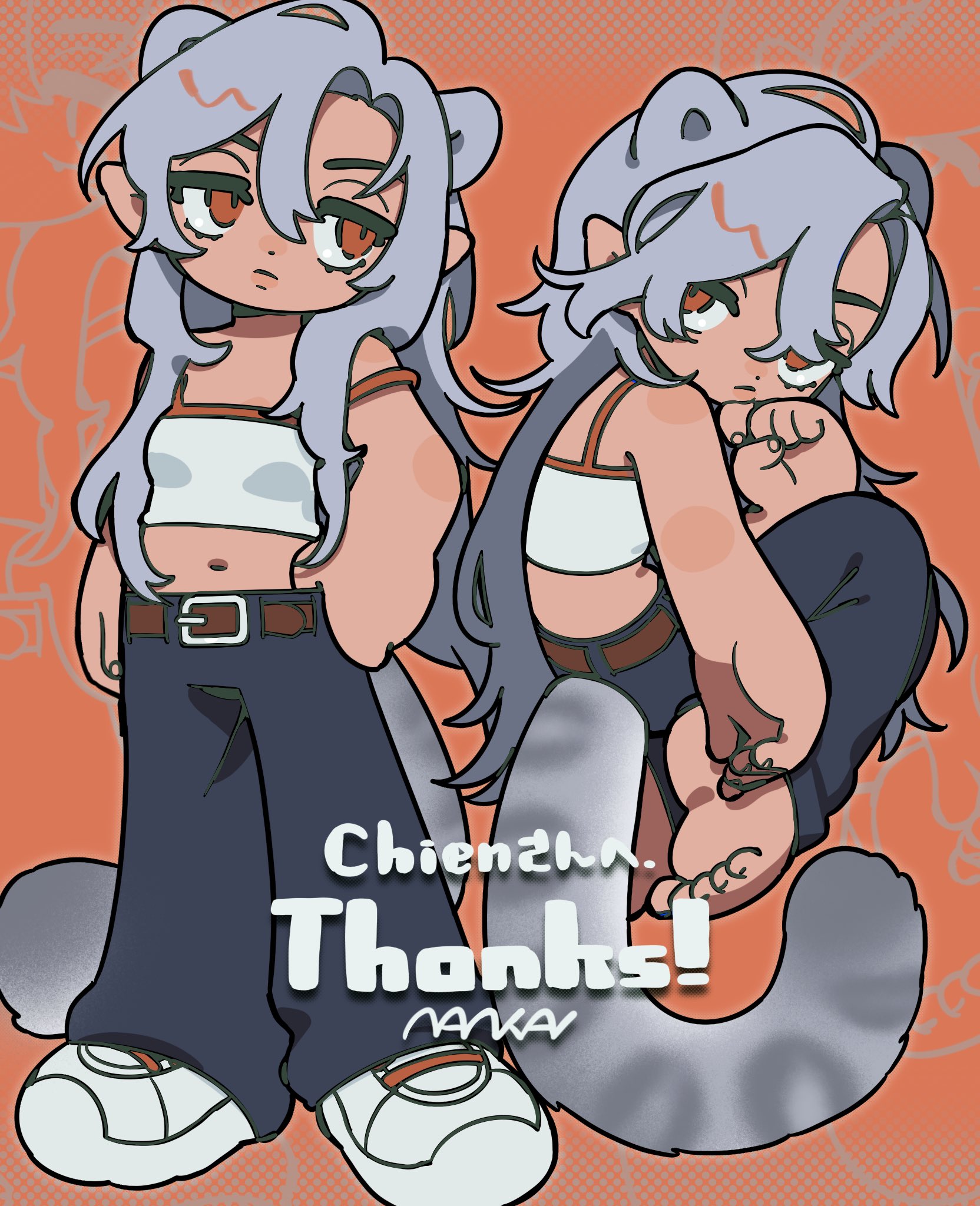 nankai (nankai san), original, commission, highres, skeb commission, 2girls, animal ears, barefoot, belt, borrowed character, crop top, denim, english text, jeans, leopard ears, long hair, looking at viewer, looking back, looking to the side, multiple girls, navel, pants, pointy ears, red eyes, shoes, snow leopard ears, snow leopard tail, soles, standing