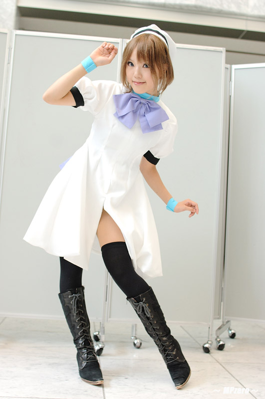 kipi-san, ryuuguu rena, higurashi no naku koro ni, photo (medium), 1girl, asian, black thighhighs, boots, brown hair, cosplay, female focus, hat, indoors, lace-up boots, ryuuguu rena (cosplay), sailor hat, solo, thighhighs