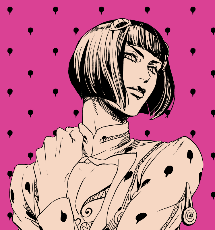 moru moru moru, giorno giovanna, jojo no kimyou na bouken, vento aureo, commentary request, 1boy, black hair, greyscale, greyscale with colored background, hand on own shoulder, hatching (texture), monochrome, short hair, solo, zipper, zipper pull tab