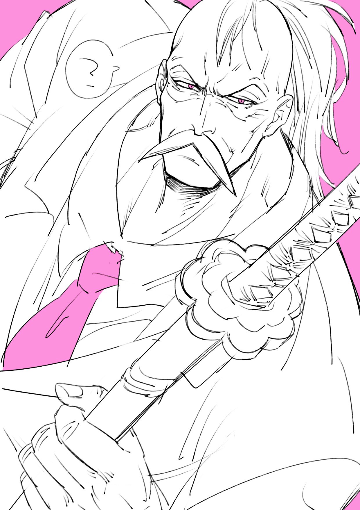 mifunenco, momonga (one piece), one piece, commentary request, highres, 1boy, facial hair, greyscale with colored background, holding, holding sword, holding weapon, male focus, mustache, necktie, pink background, pink eyes, pink necktie, solo, spot color, sword, v-shaped eyebrows, weapon