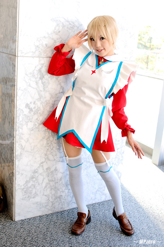 kipi-san, erstin ho, my-otome, photo (medium), 1girl, asian, blonde hair, brown shoes, cosplay, dutch angle, erstin ho (cosplay), female focus, garter straps, loafers, looking at viewer, school uniform, shoes, short hair, solo, thighhighs, white thighhighs, zettai ryouiki